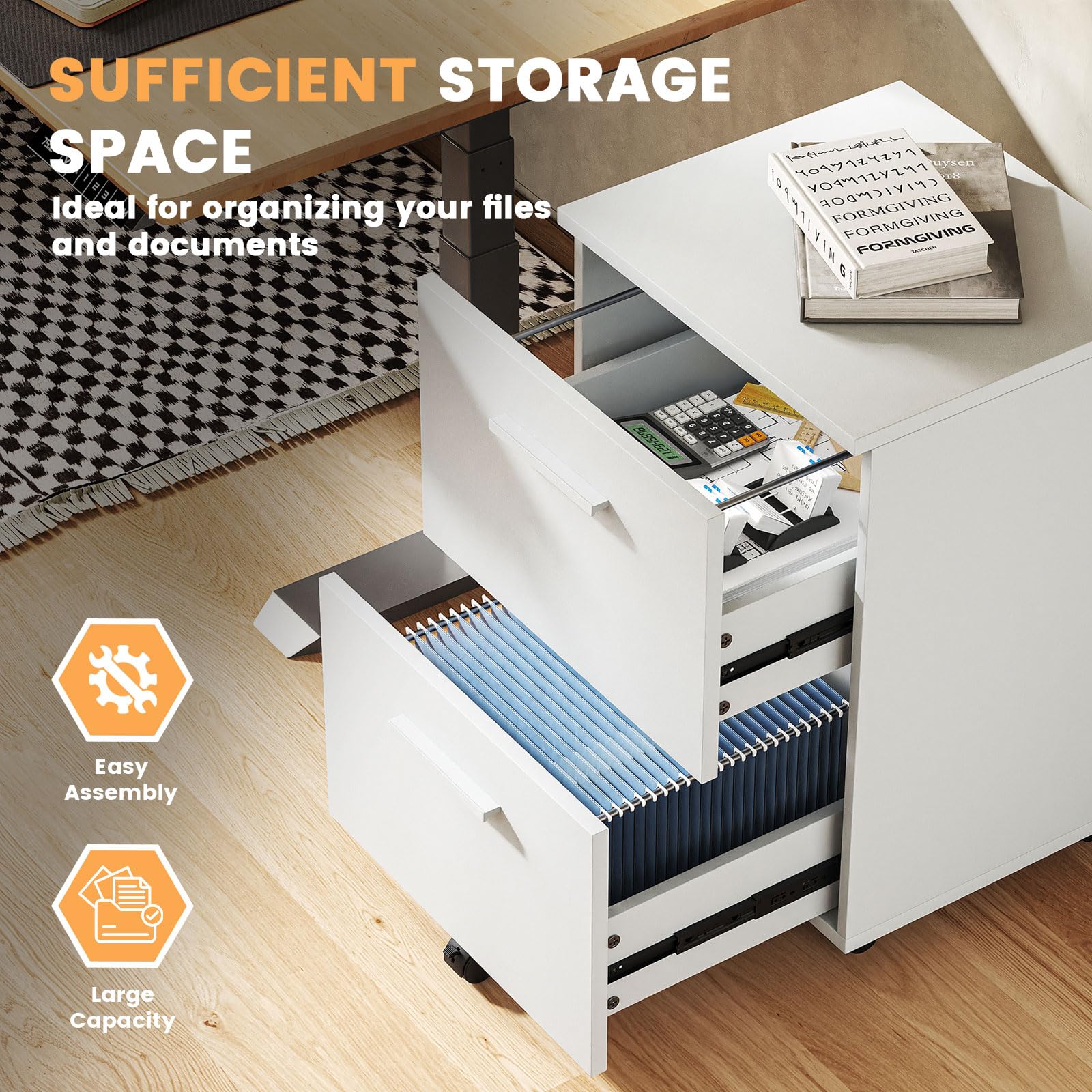 VICLLAX 2-Drawer Rolling File Cabinet with Wheels - White Wooden Mobile Storage Organizer for Home Office, Under Desk Filing Cabinet - Perfect for Document Storage & Workspace Organization
