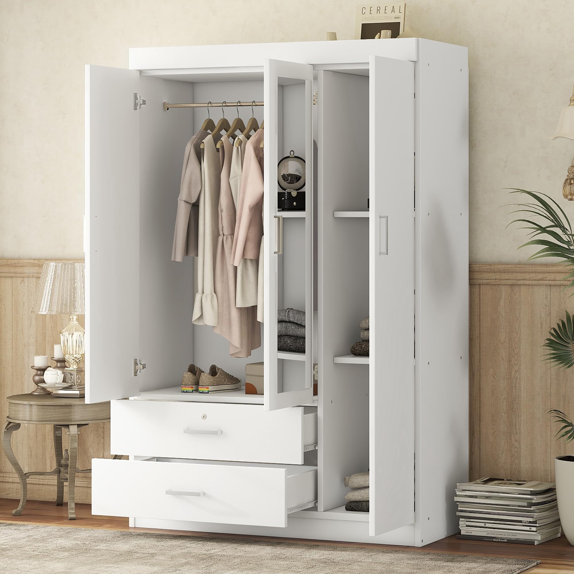 White Wooden Armoire Wardrobe with Mirror - 3 Door Closet with 2 Drawers for Bedroom Storage, Teen & Adult Clothes Organizer | Perfect for Master Bedroom, Guest Room or Dormitory Organization