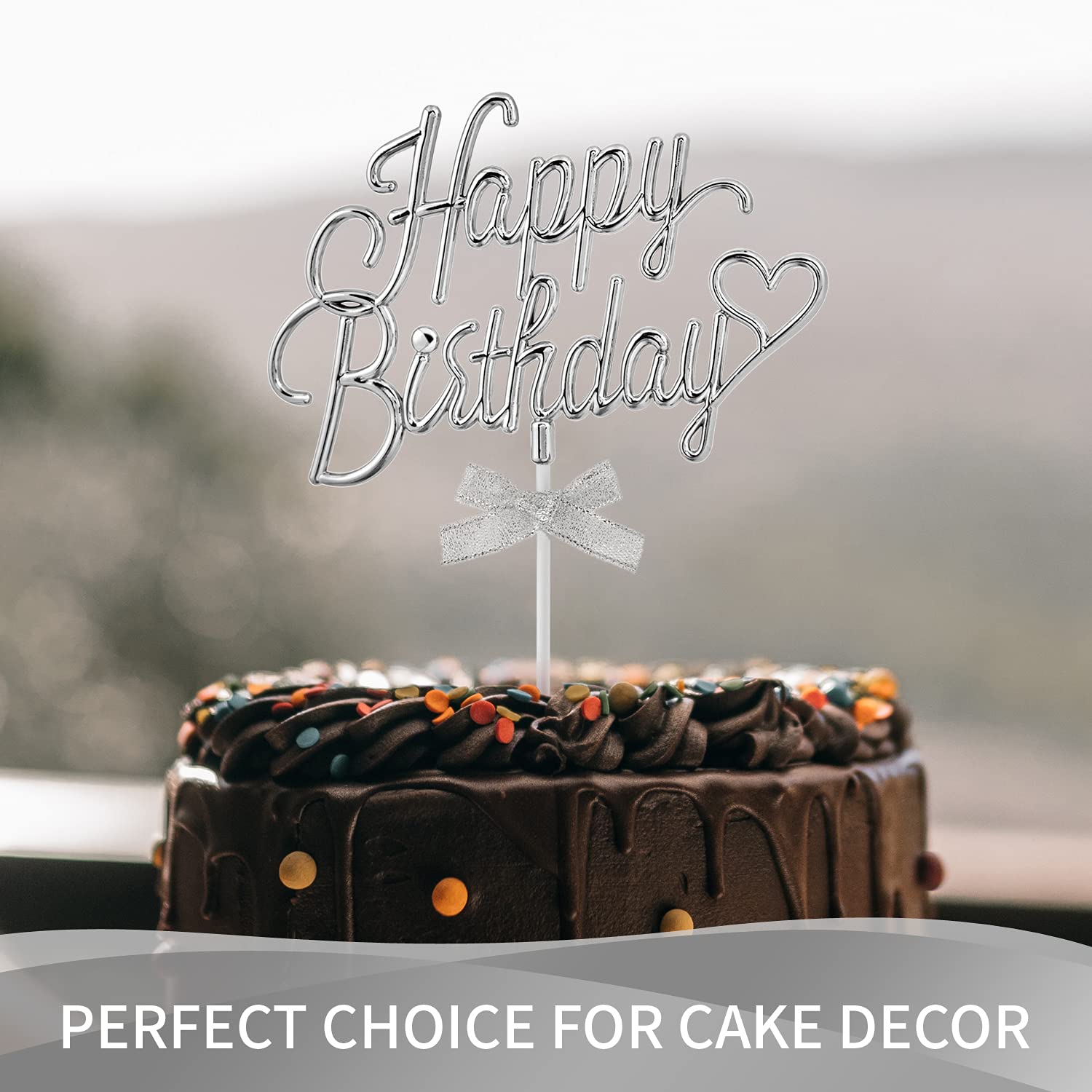 3D Silver Happy Birthday Cake Topper - Double Sided Cursive Sign with Bow for Birthday Cake Decoration | Perfect for Birthday Parties, Photo Booths & Celebrations (SILVER)