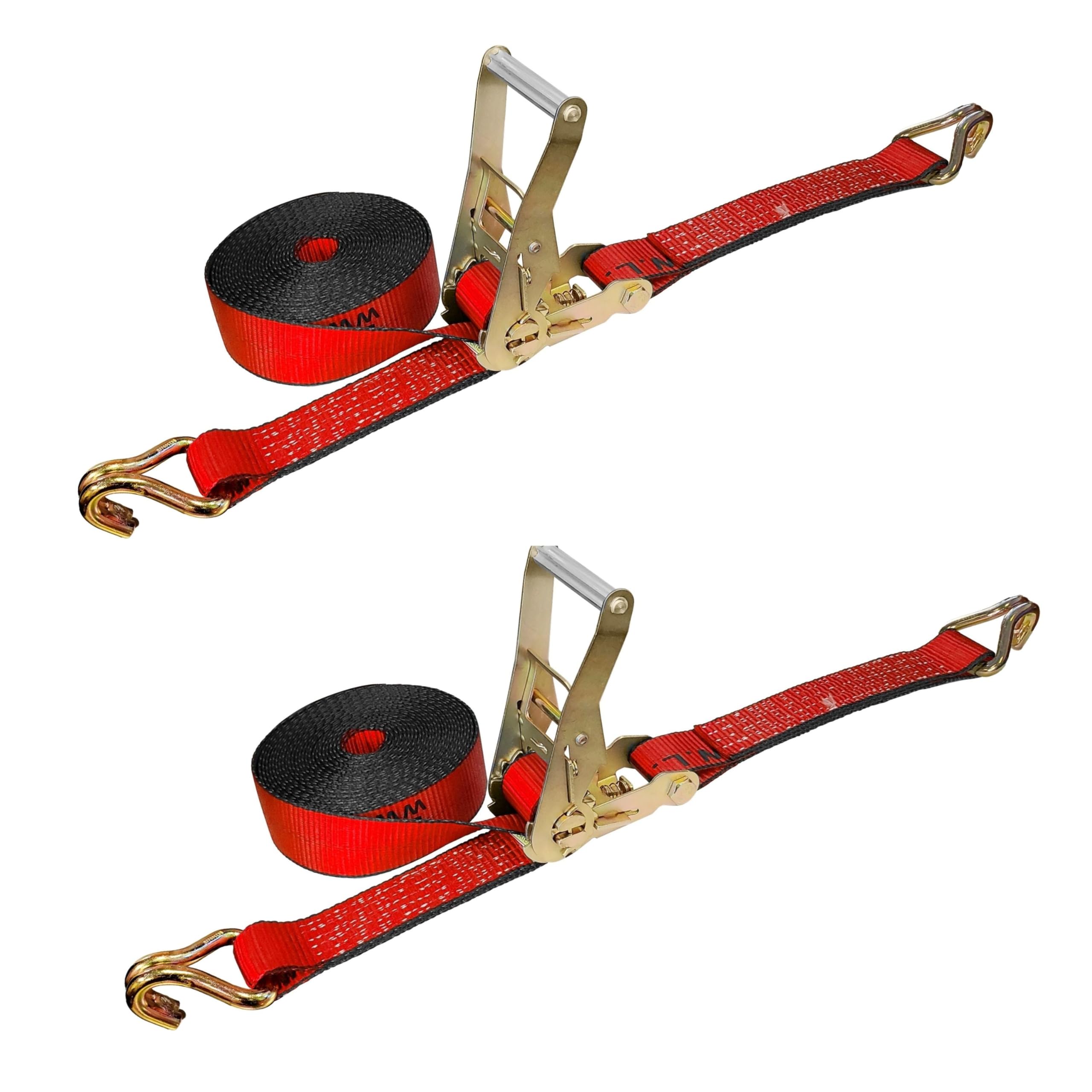 Heavy Duty J Hook Ratchet Straps (2-Pack) - 2 Inch x 60 Foot, 10,000 lbs Break Strength - Red Tie Down Straps for Flatbed Trailers, Trucks & Cargo Securing - Ideal for Transporting ATVs, Motorcycles & Heavy Equipment
