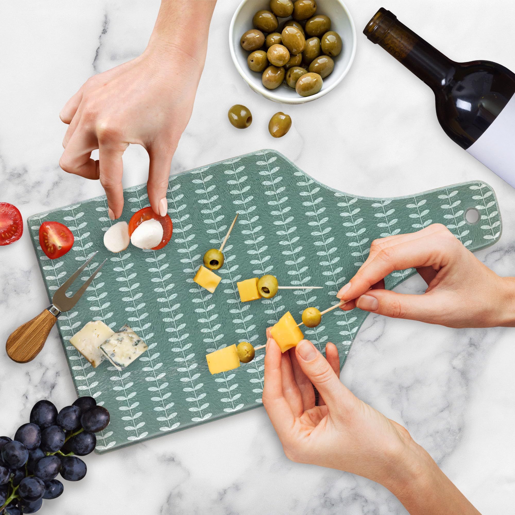 Ambesonne Nature-Inspired Tulip Branch Cutting Board - French Baroque Style Tempered Glass Serving Board - Wine Bottle Shape in Pale Sage Green & White - Perfect for Kitchen Prep, Charcuterie, and Wine Pairing