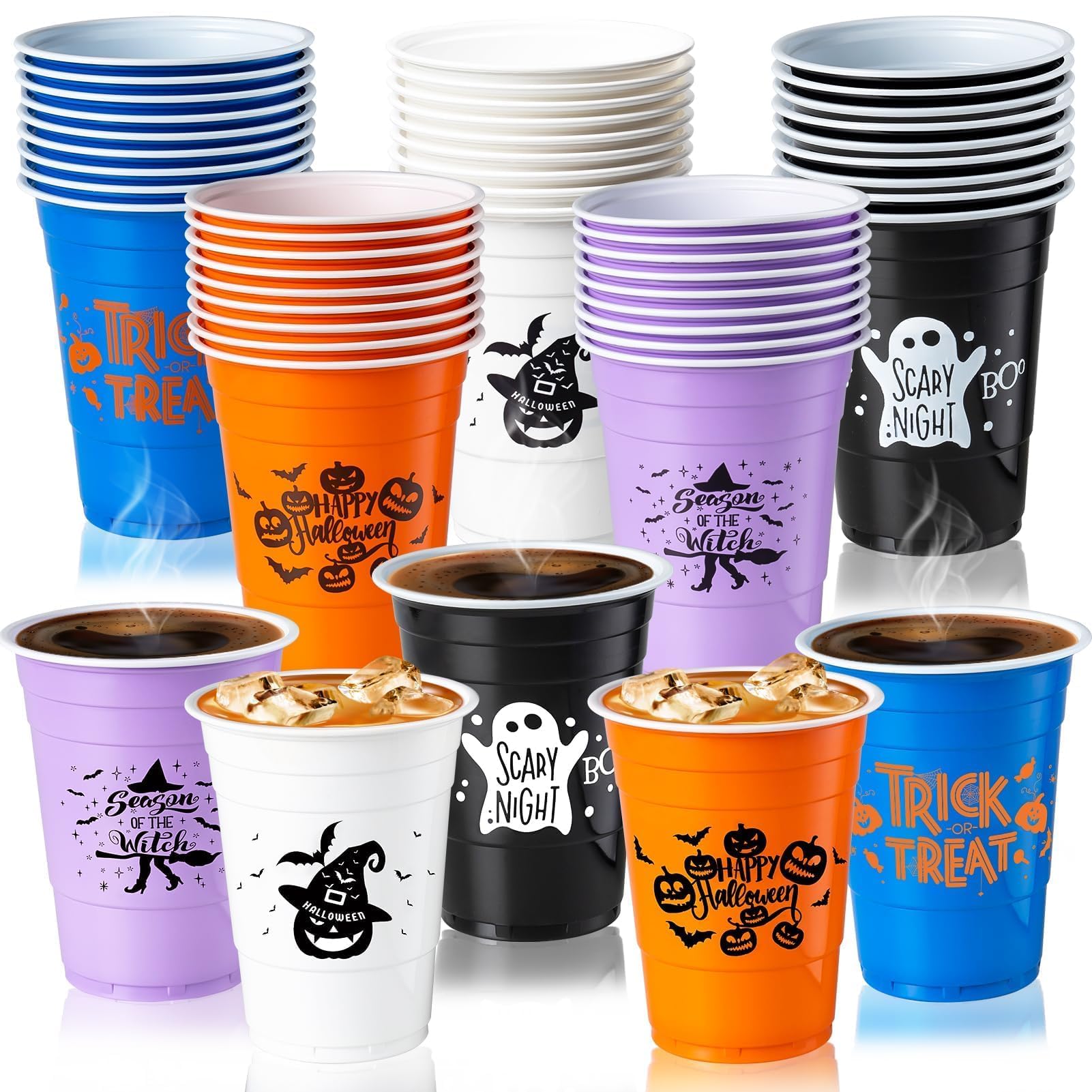 GuassLee 50 Pack Halloween Disposable Cups - 16Oz Colorful Plastic Party Cups Set (5 Styles) for Halloween Party, Coffee, Wine, Hot & Cold Drinks - Perfect for Halloween Celebrations, Office Parties, and Family Gatherings