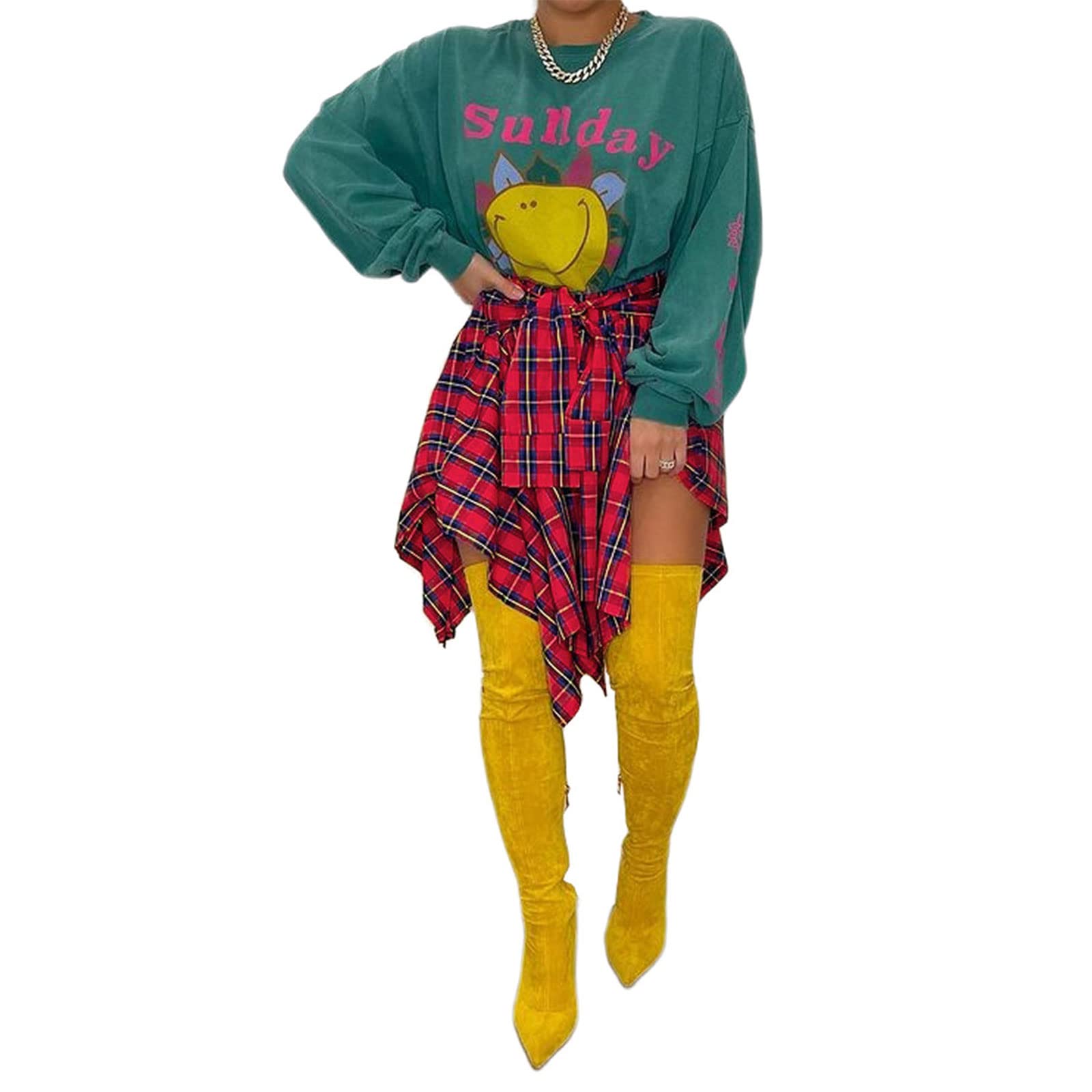 Women's High Waist Plaid Skater Skirt with Irregular Hem & Knotted Front - Summer Pleated Tennis Skirt for Streetwear | Perfect for Casual Outings, Dates & Fashion Events