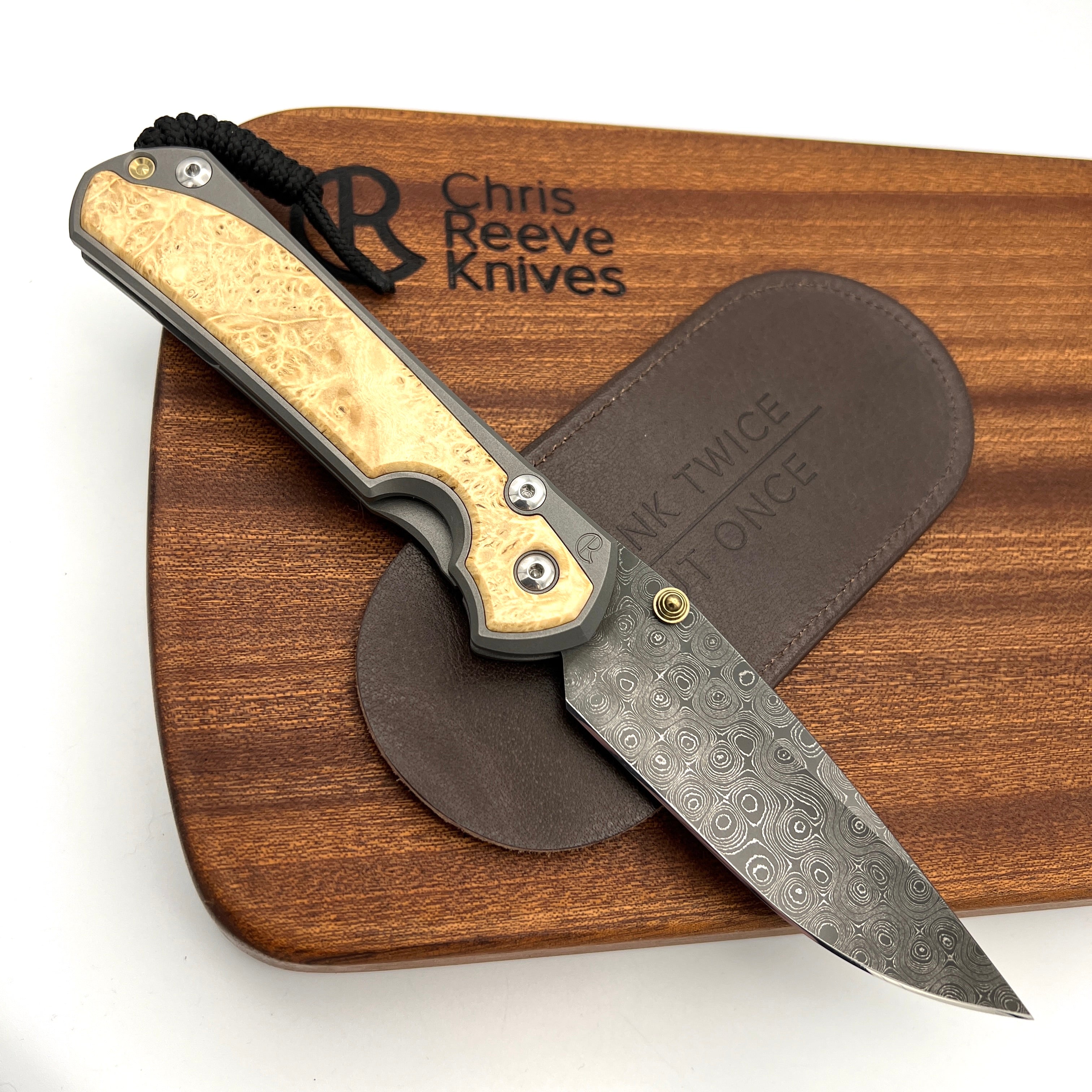 Chris Reeve Knives Large Sebenza 31 Drop Point Folding Knife - Raindrop Damascus Steel Blade, Left-Handed, Box Elder Wood Inlay Handle - Perfect for EDC, Outdoor Adventures & Collectors