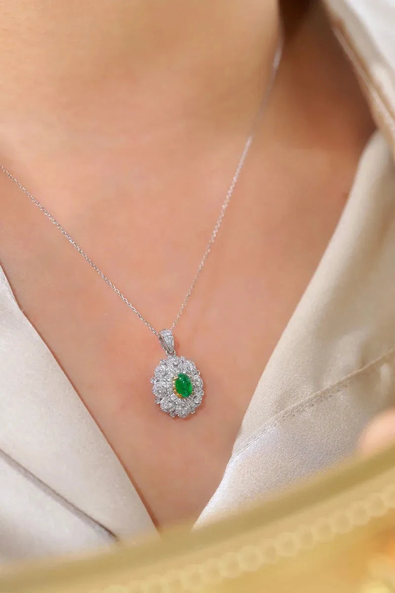 18K White & Yellow Gold Necklace with Real Natural Emerald & Diamonds | Luxury Women's Jewelry for Parties, Weddings & Special Occasions