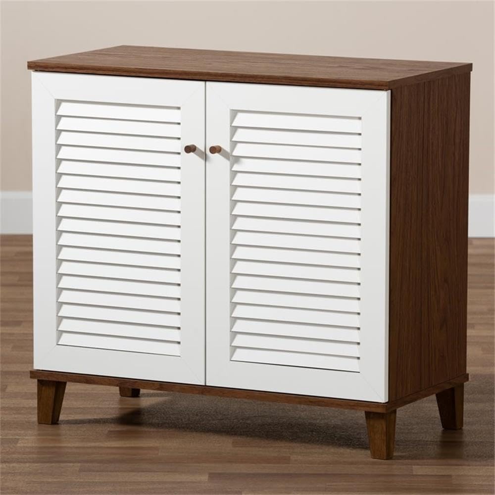BOWERY HILL Modern 2-Door Shoe Cabinet - White & Walnut Shoe Storage Organizer Holds 12 Pairs - Perfect for Entryway, Bedroom or Closet Organization