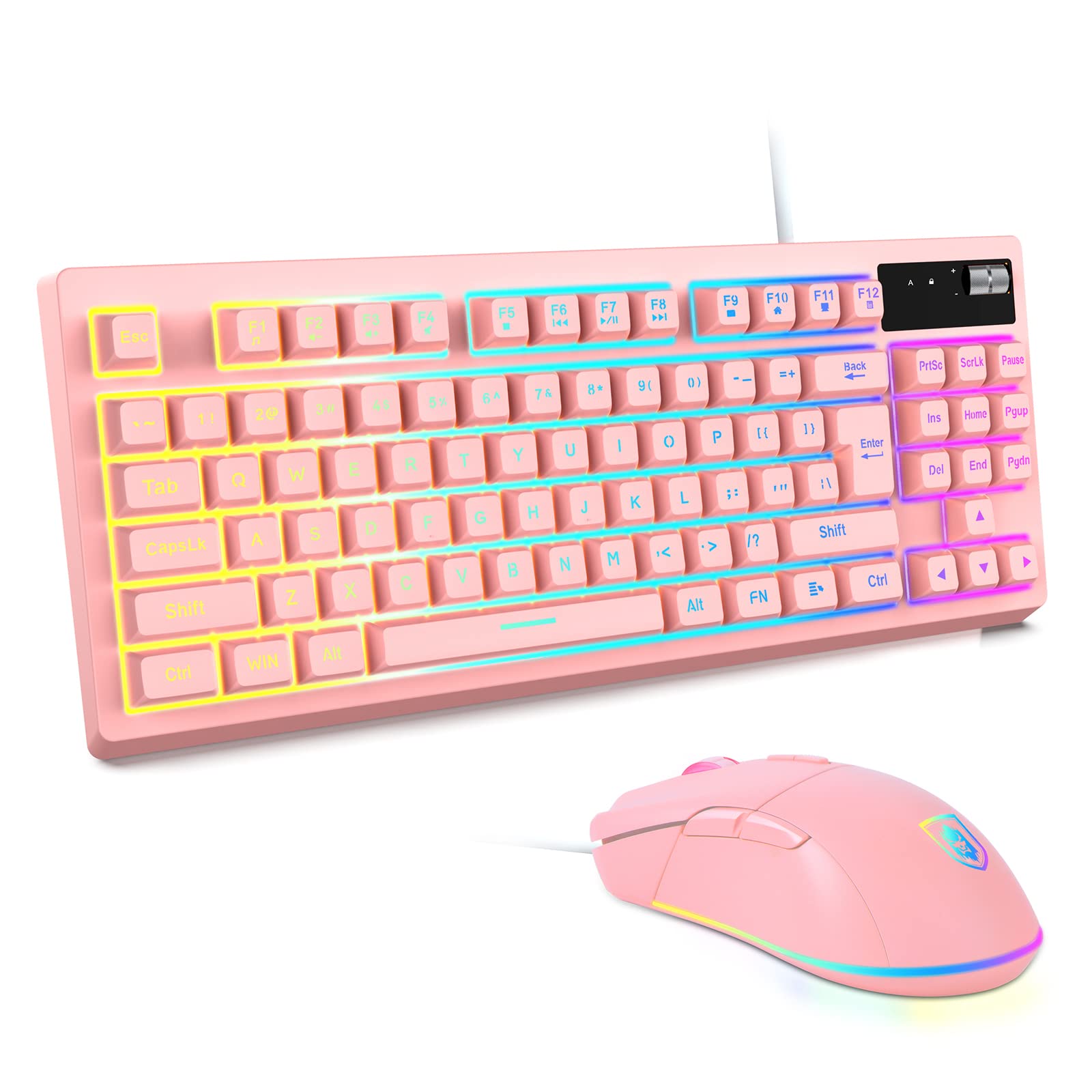 RGB Pink Gaming Keyboard and Mouse Combo - 87 Keys Wired Mechanical Feel Keyboard with RGB Backlit & 7200 DPI Pink Gaming Mouse - Compatible with PC, Mac, PS4, Xbox, Laptop - Perfect for Gaming, Streaming, and Office Work