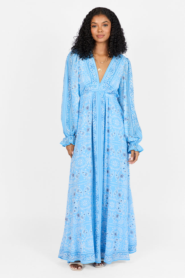 It's On Me Blue Bandana Print Maxi Dress - Flowy Summer Dress for Women, Beach Cover Up, Boho Chic Outfit, Perfect for Vacations & Outdoor Events