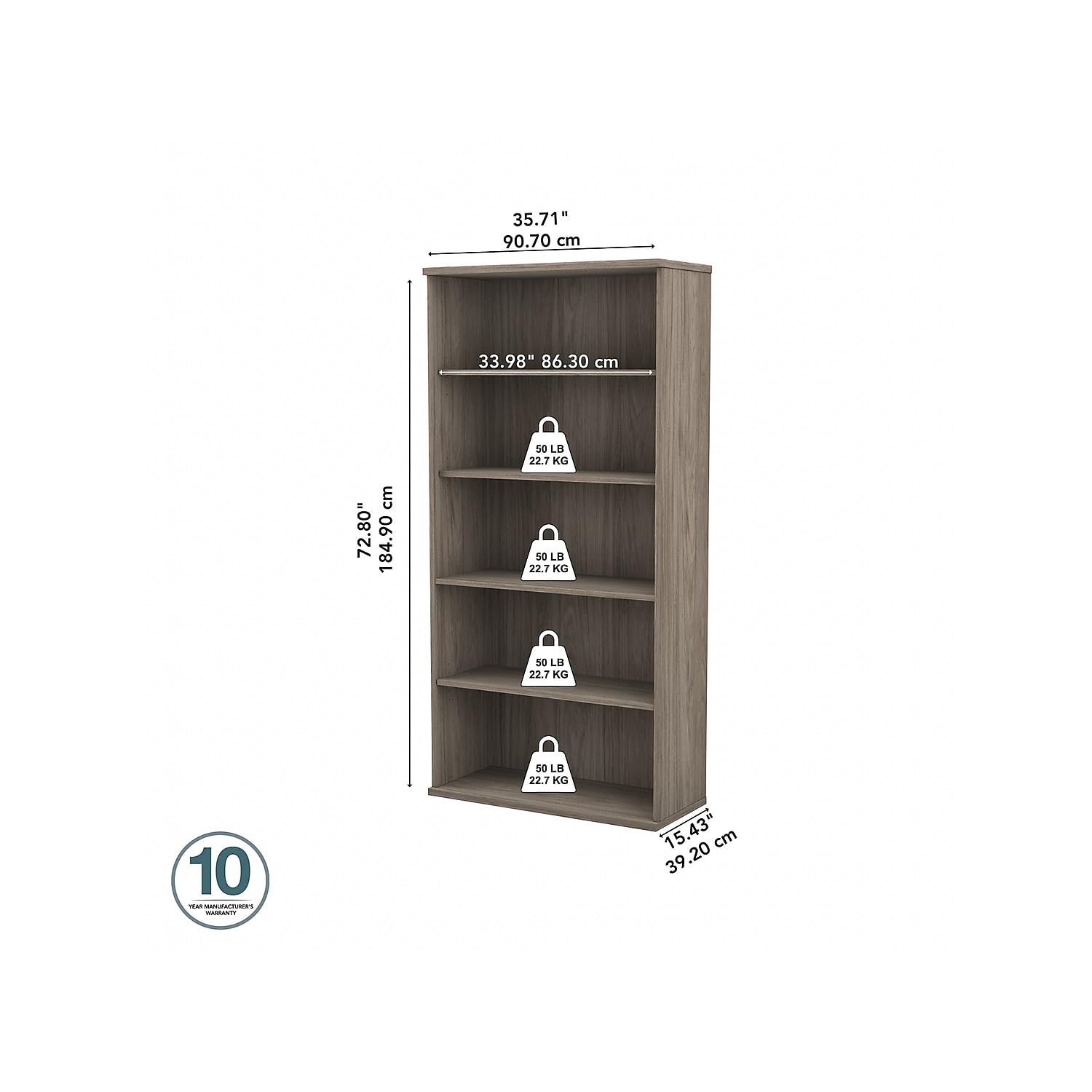 Bush Business Furniture Hybrid Tall 5 Shelf Bookcase in Modern Hickory - Stylish Office Storage Solution for Books, Files & Decor | Perfect for Home Office, Study Room & Workspace Organization