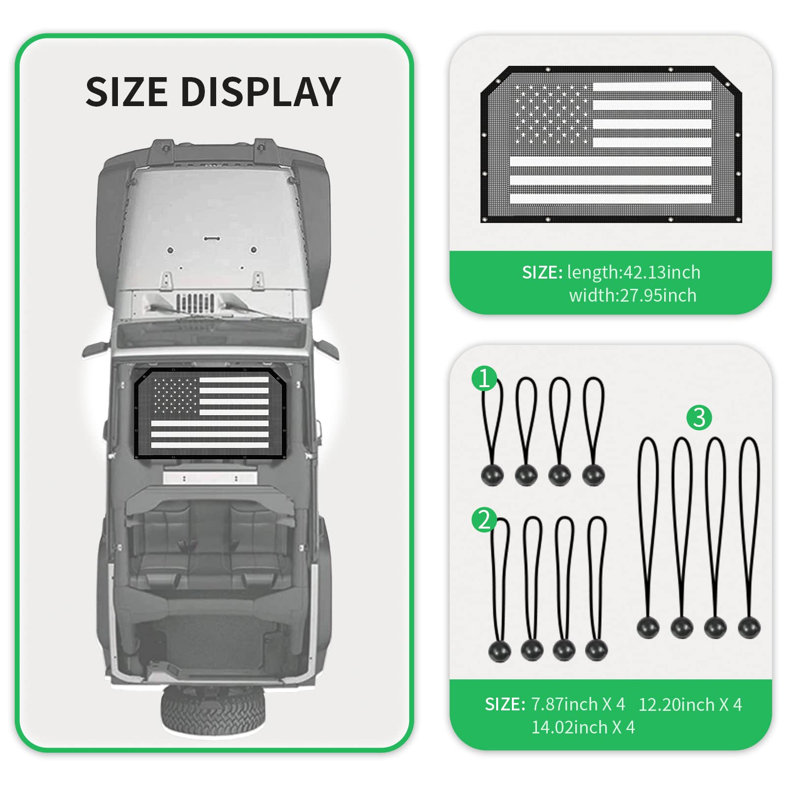 Jeep JL Bikini Top Sunshade Mesh with US Flag Design - Black Mesh Sun Shade for Jeep Wrangler JL/JLU & Gladiator JT (2018+ Models) | UV Protection & Off-Road Accessories for Summer Beach & Outdoor Adventures