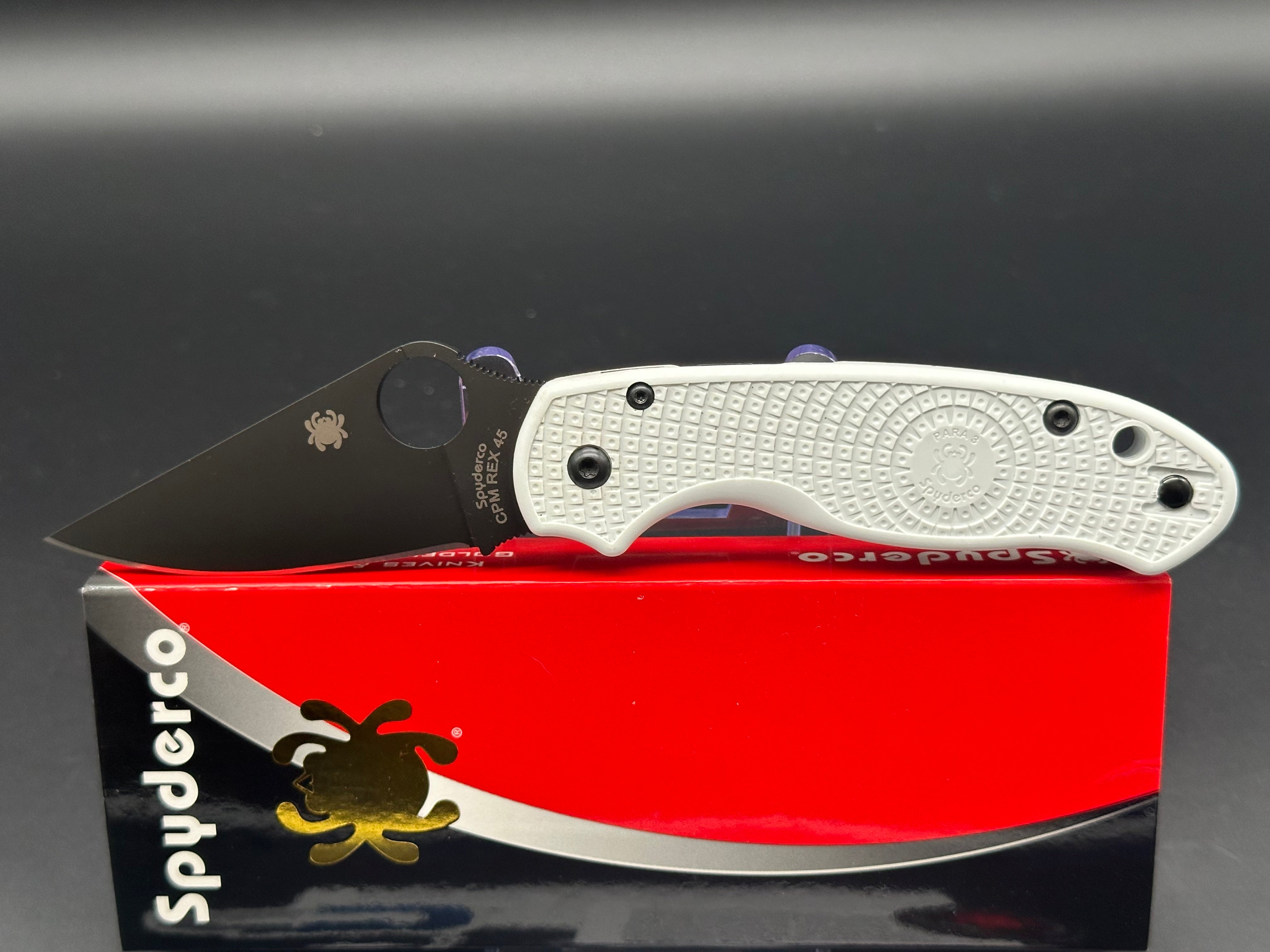 Spyderco Para 3 Lightweight Folding Knife - Black DLC Coated REX 45 Blade & White FRN Handle | EDC Pocket Knife for Camping, Hiking & Outdoor Adventures (Model C223PWHBK)