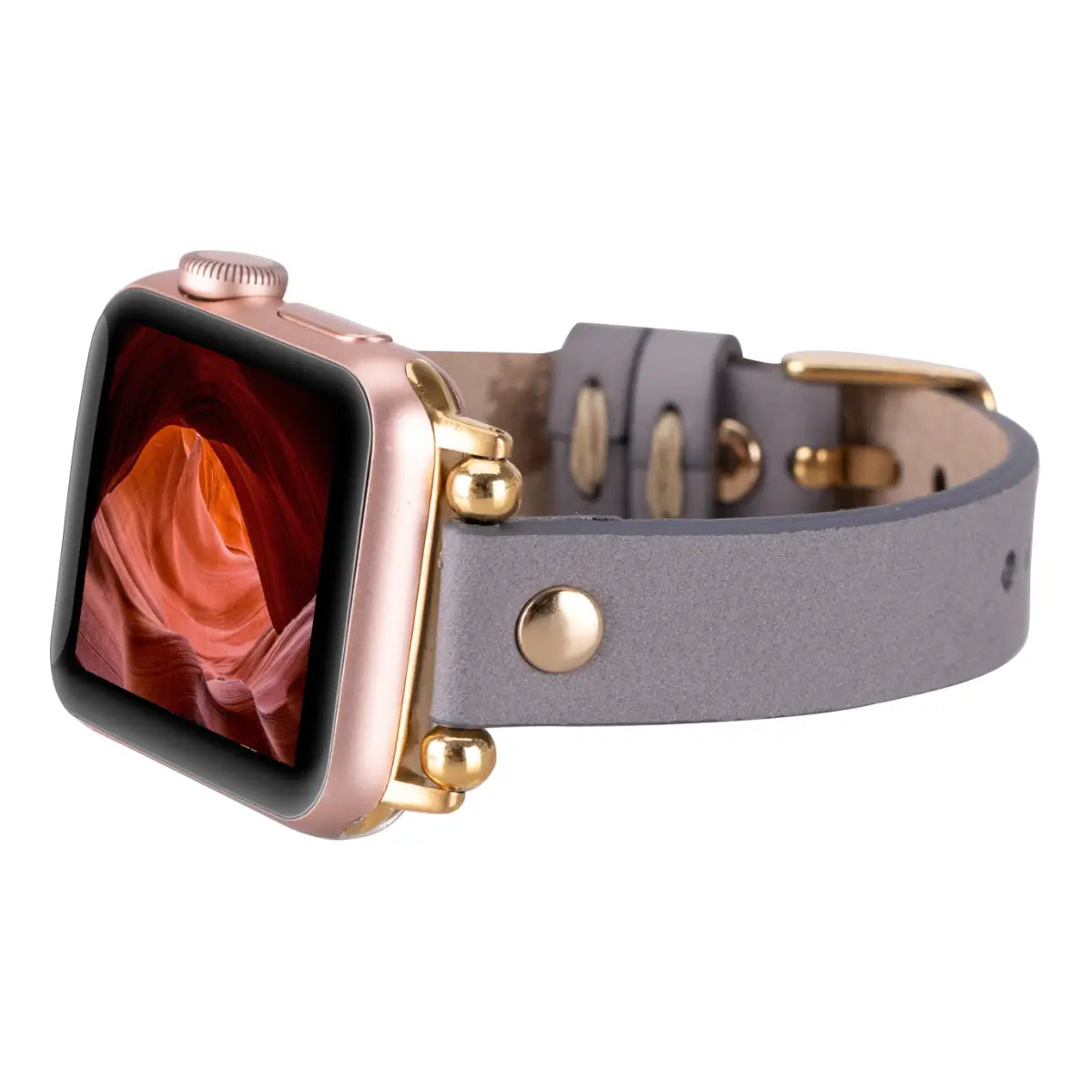 Slim Gray Leather Apple Watch Band with Gold Rivet - Stylish & Durable Replacement Strap for Work, Gym & Everyday Wear