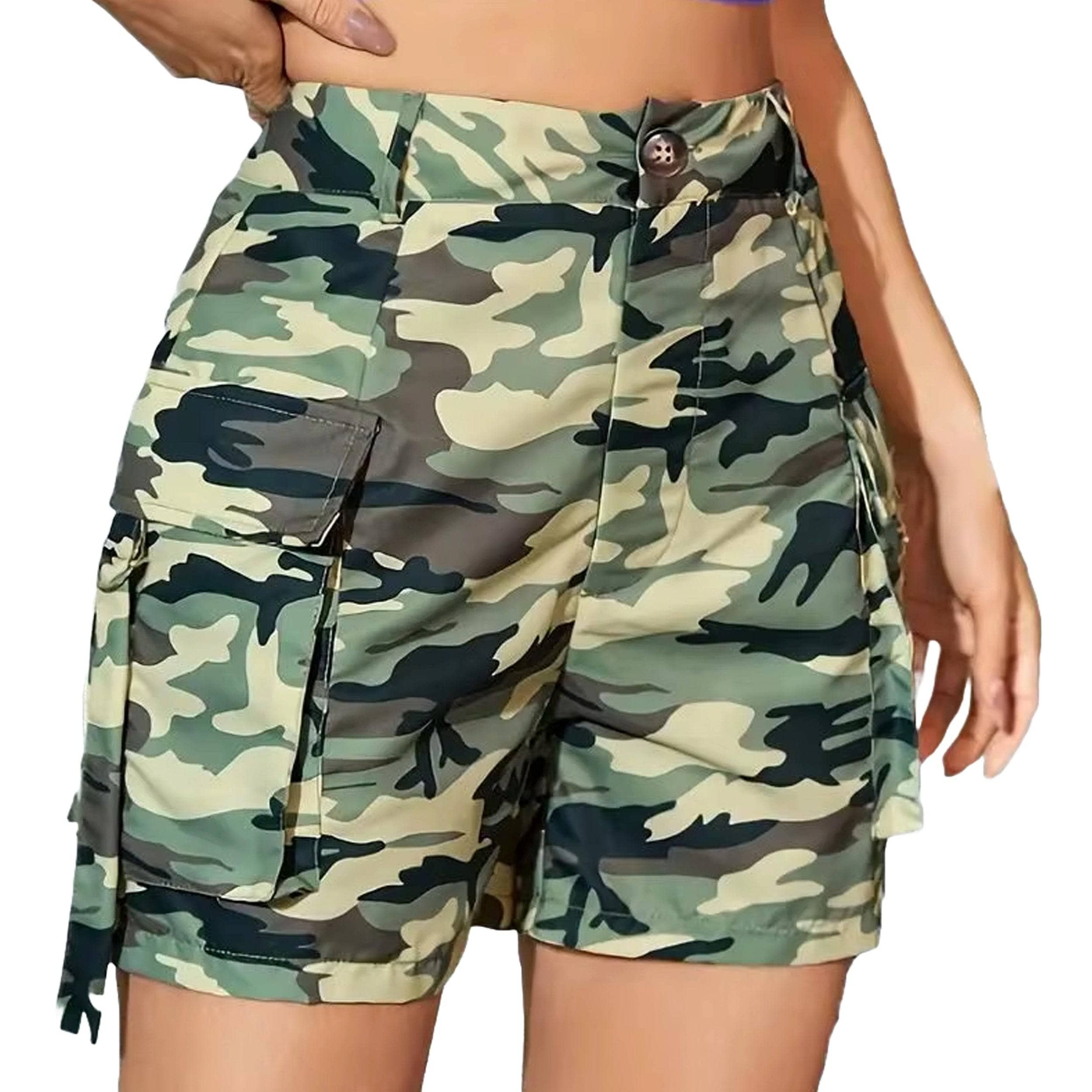 Rebel Women's Camo Cargo Shorts - Tactical Military Style Stretch Comfort Fit for Outdoor Hiking, Camping & Adventure Activities