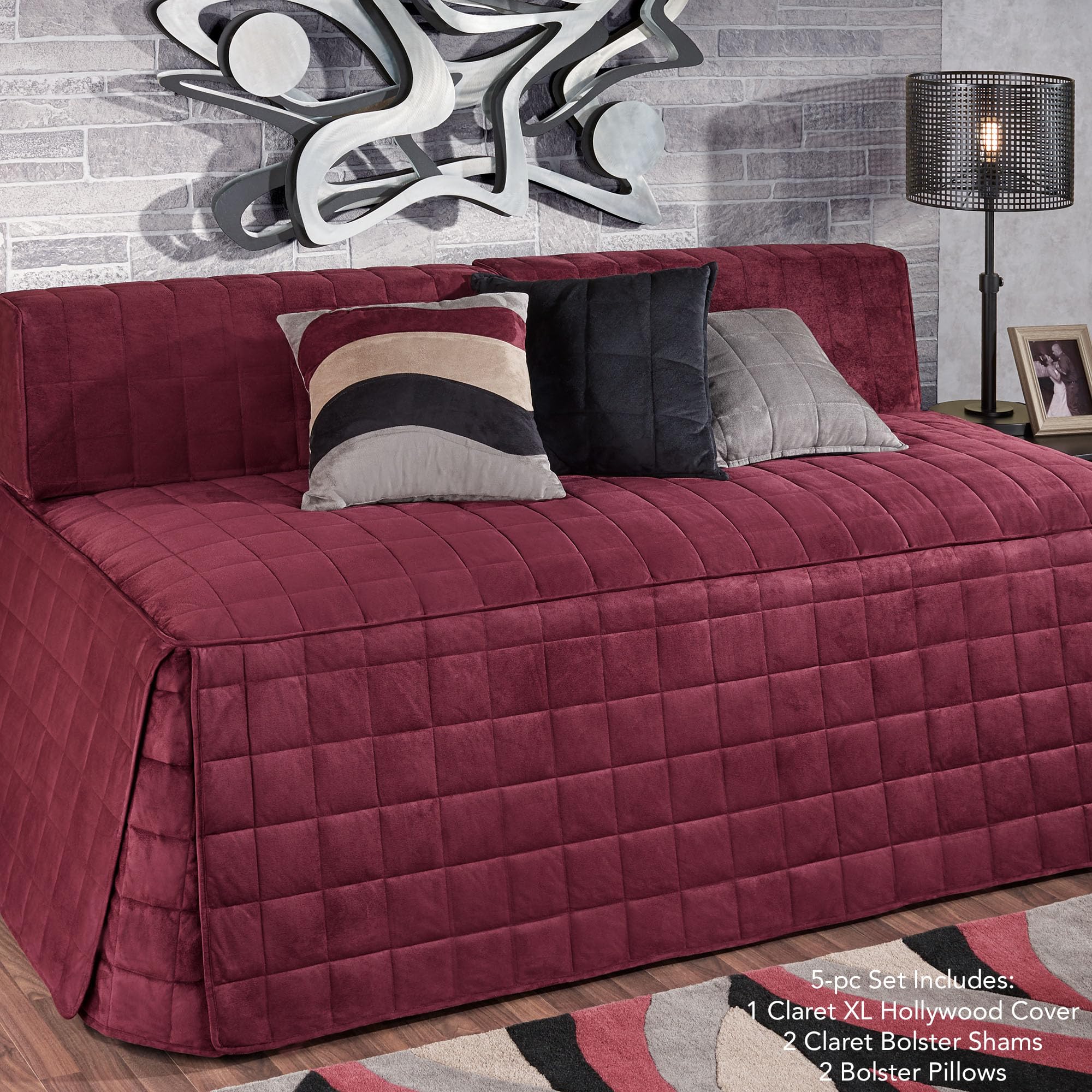 Camden Luxury Bedding Set - Neutral Claret Faux Suede Quilted Hollywood Daybed Cover with Bolster Shams & Pillows | 5-Piece Extra Long Bedding Ensemble for Guest Rooms, Dorm Decor & Cozy Bedroom Upgrade