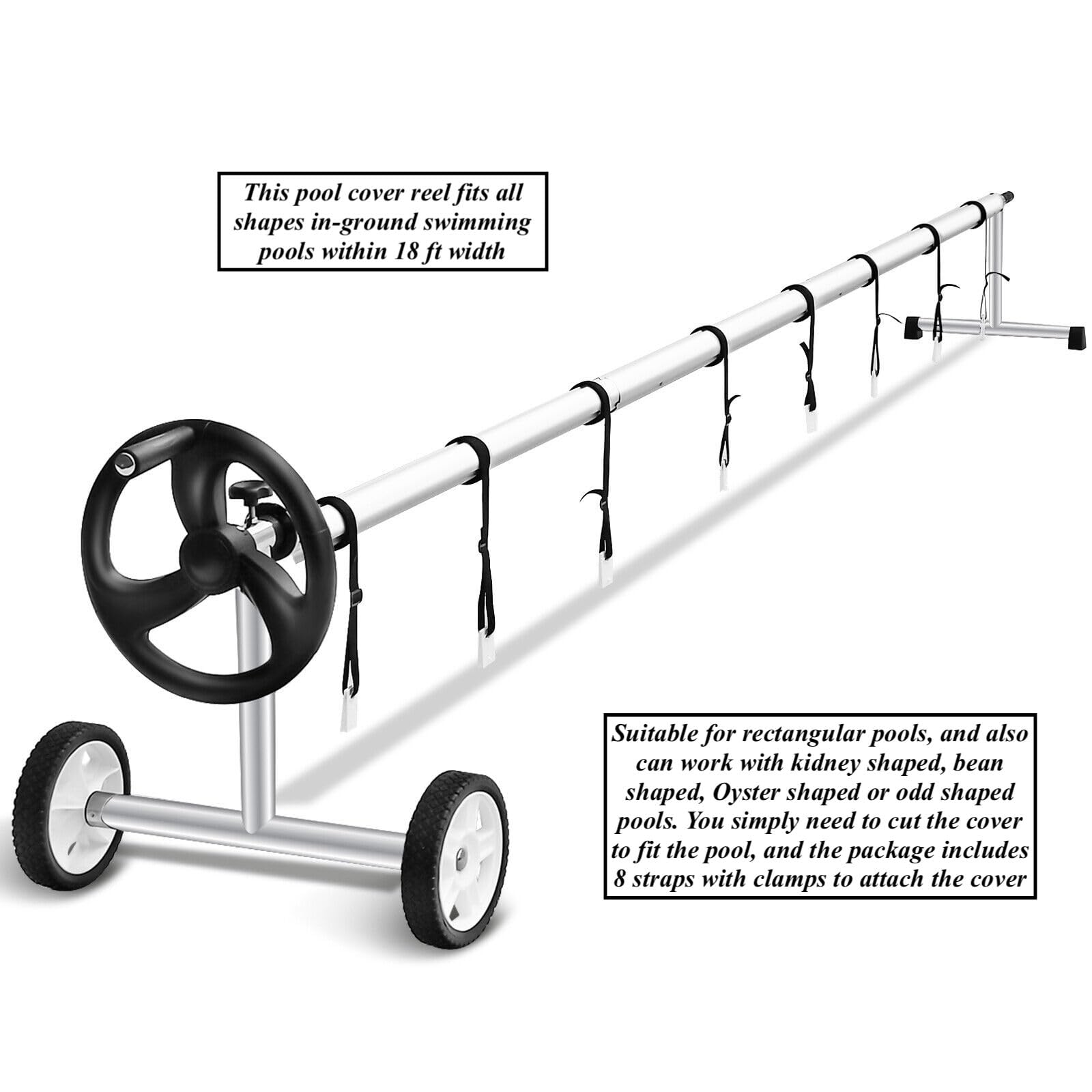 **18FT Heavy Duty Aluminum Pool Cover Reel Set with 8 Straps - Hand Crank for In-Ground Swimming Pools - Solar Cover Roller for 14-18FT Wide Pools - Durable Smooth Wheels for Easy Rolling - Perfect for Winter Protection & Summer Storage**