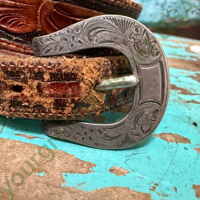 Vintage 4-Piece Sterling Silver McCabe Ranger Buckle Set on Stelzig Saddlery Belt - Western Style Accessory for Cowboy Boots, Jeans & Rodeo Outfits