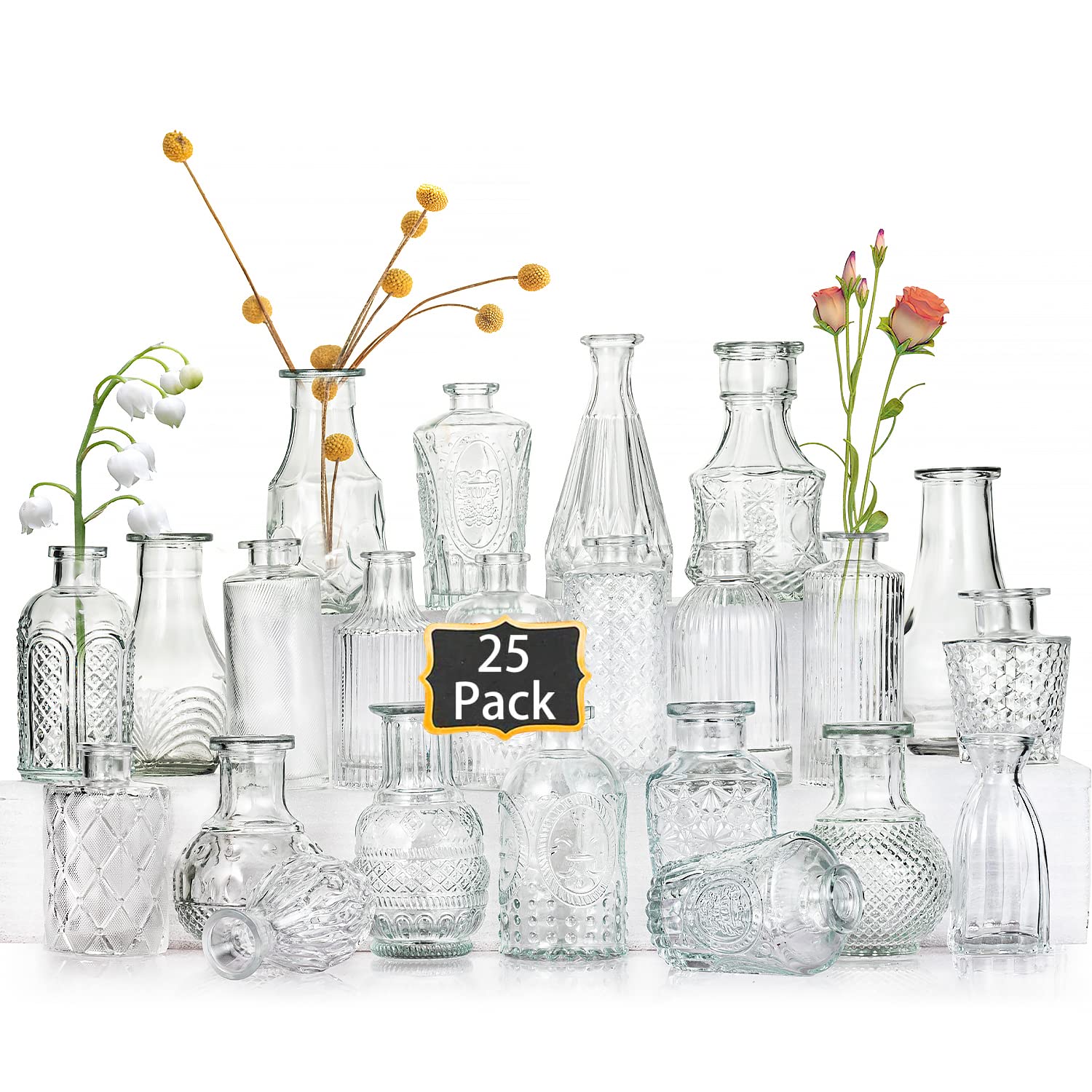 25-Piece Clear Glass Bud Vase Set - Small Vintage Flower Vases for Wedding Centerpieces, Rustic Decor, Floral Arrangements & Home Table Decorations - Perfect for Weddings, Parties, and DIY Home Decor