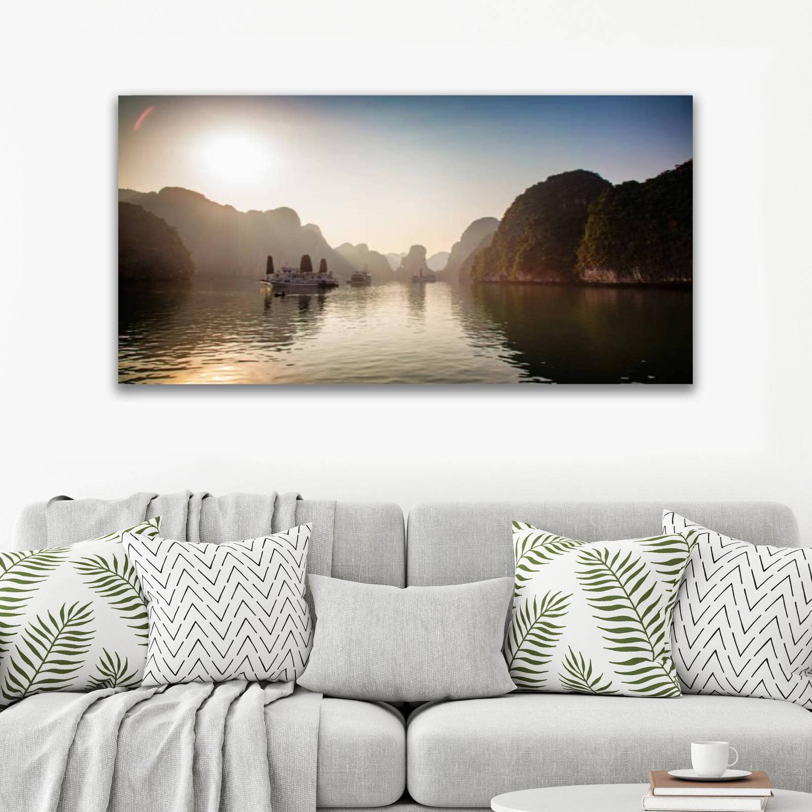 Nature Canvas Wall Art - Misty Dawn Halong Bay Vietnam Panoramic Landscape Painting | Ready to Hang Home Decor for Living Room & Bedroom | Perfect for Modern Interior Design & Office Wall Decor