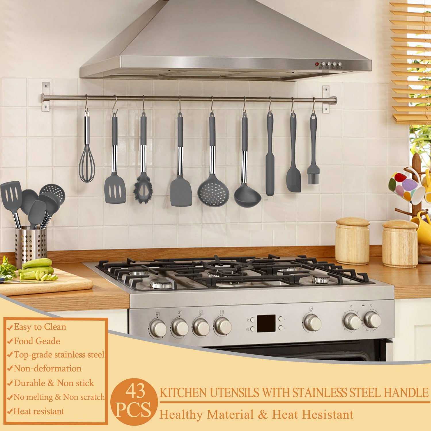 **Umite Chef 43-Piece Silicone Cooking Utensil Set with Stainless Steel Handles – Heat-Resistant Kitchen Tools for Nonstick Cookware, Pots & Pans – Perfect for Baking, Frying & Everyday Cooking (Grey)**