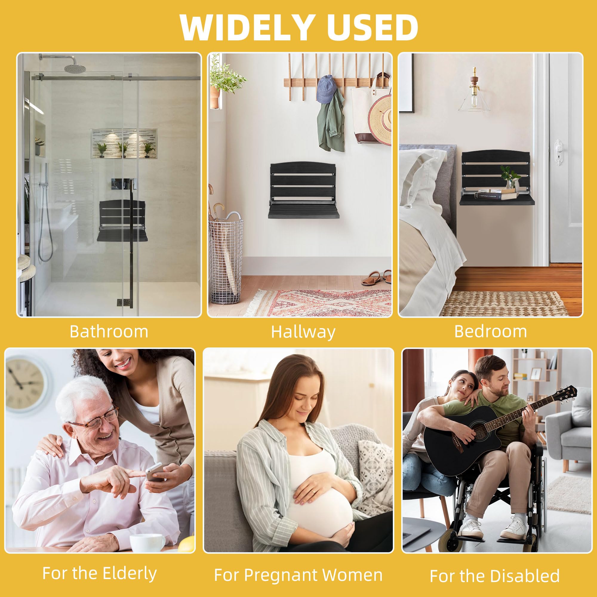 DWVO Folding Shower Seat Wall Mounted - Fold Down Shower Bench for Elderly, Disabled & Pregnant Women - Non-Slip Bathroom Safety Chair for Home Care (Black) - Ideal for Small Bathrooms & Assisted Living Spaces