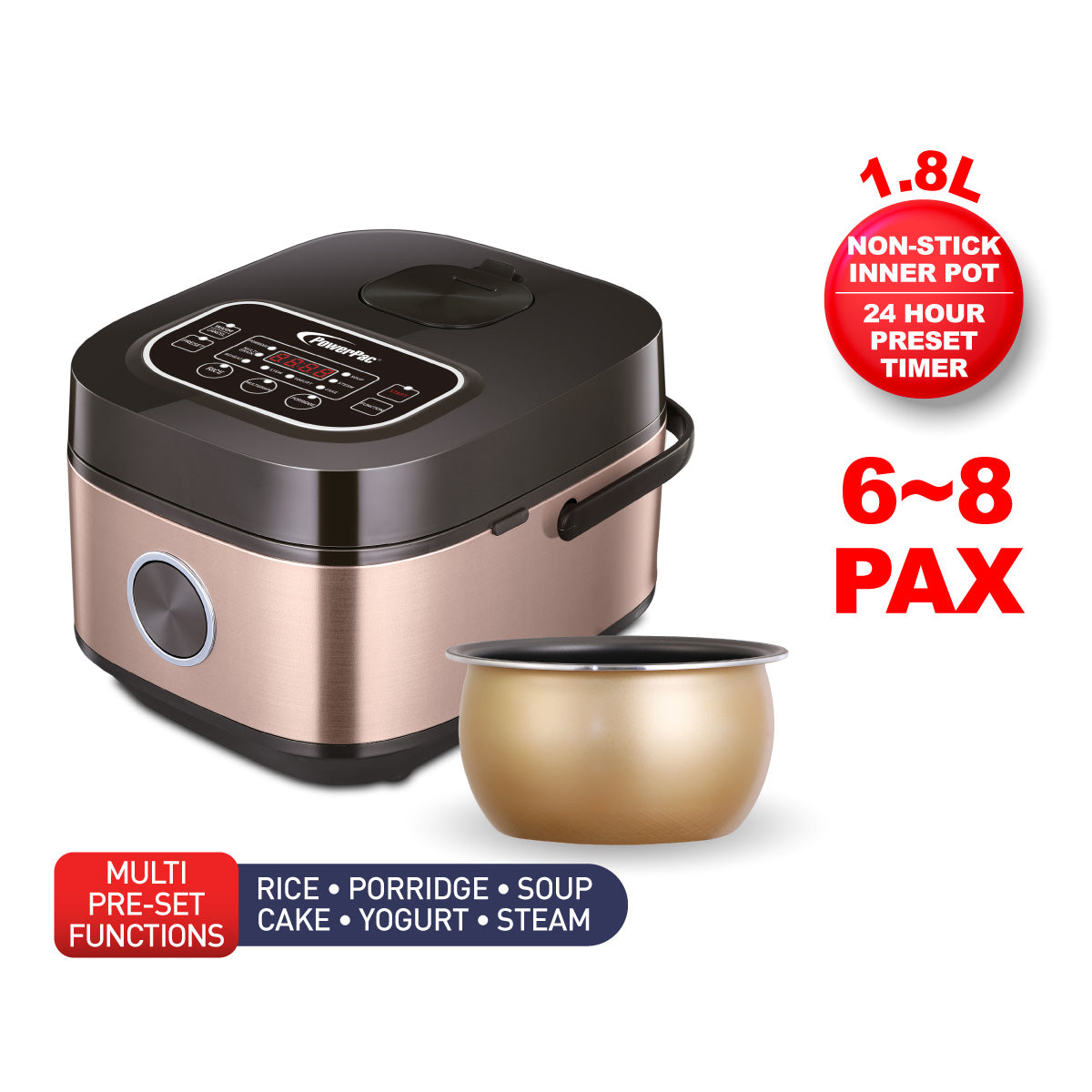 1.8L Multi-Purpose Digital Rice Cooker with Non-Stick Inner Pot - Perfect for Cooking Rice, Steaming, and Slow Cooking (PPRC318) - Ideal for Home, Office, and Dorm Use