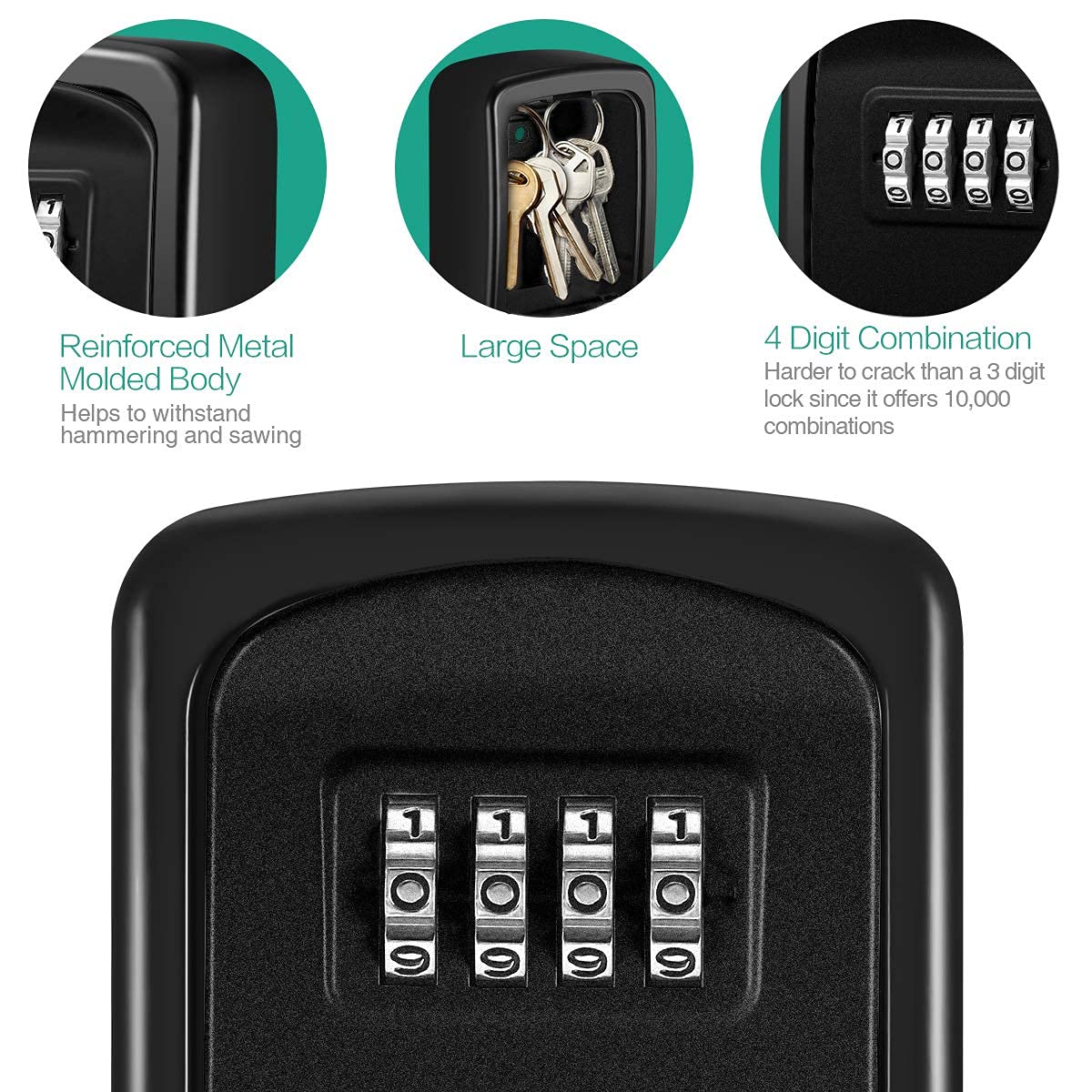 ORIA 4 Digit Combination Key Lock Box - Wall Mounted Key Safe with 5 Key Capacity, Weatherproof for Indoor & Outdoor Use (3.66 Inch, Black) - Perfect for Home, Airbnb, Vacation Rentals & Real Estate Access Control