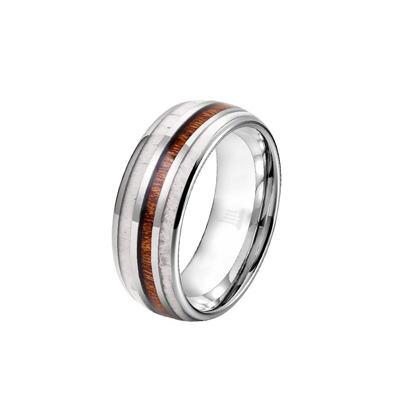 Handmade Hawaiian Koa Wood & Deer Antler Inlay Tungsten Wedding Band for Men - 8mm Polished Silver Comfort Fit Ring - Unique Rustic Hunting Jewelry Gift for Husband, Boyfriend, Groomsmen - Perfect for Outdoor Weddings, Anniversary Gifts & Nature Lovers
