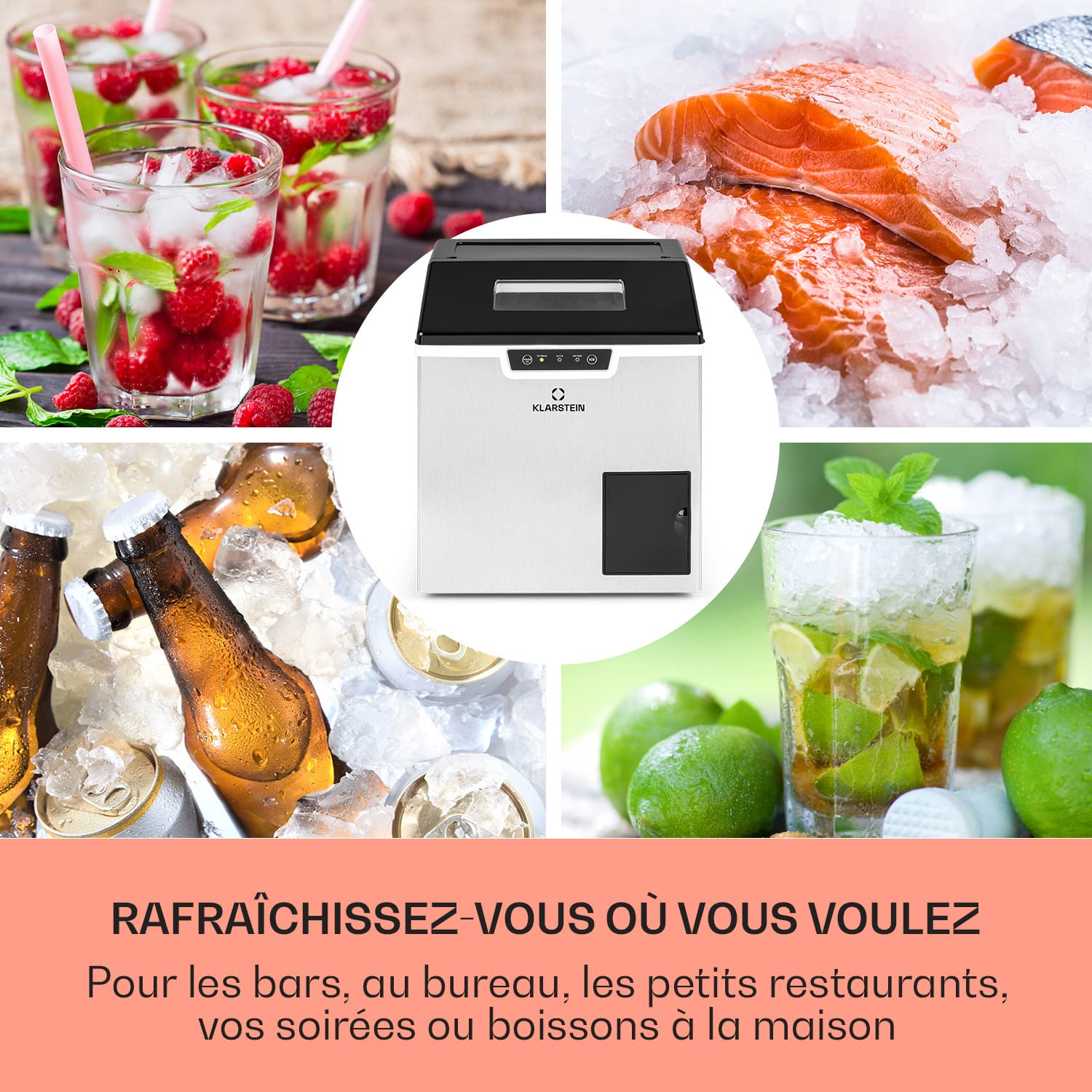 Klarstein 3L Ice Maker Machine for Home - Fast Crushed or Ball Ice Production up to 20kg - Self-Cleaning with Safety Alarm - Perfect for Cocktails, Parties & Kitchen Use