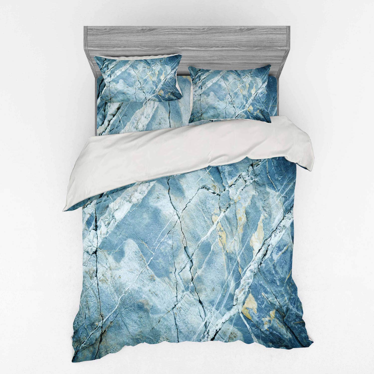Ambesonne Marble Bedding Set - Queen Size 4-Piece Duvet Cover with Shams & Fitted Sheet, Pale Blue Grey Granite Stone Pattern | Luxury Home Decor for Modern Bedrooms & Guest Rooms