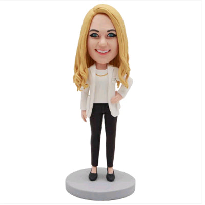 Custom Female Bobblehead Doll in White Suit Jacket - Personalized Wedding Cake Topper, Office Desk Decor, or Unique Gift for Her