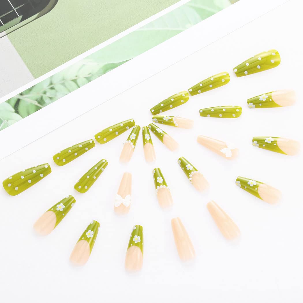 Glossy Green Press on Nails Long Coffin Shape with Cute Flower & Bowknot Design - 24Pcs Full Cover False Nails Set for Women & Girls | French Ballerina Style (B) | Perfect for Parties, Weddings & Special Occasions