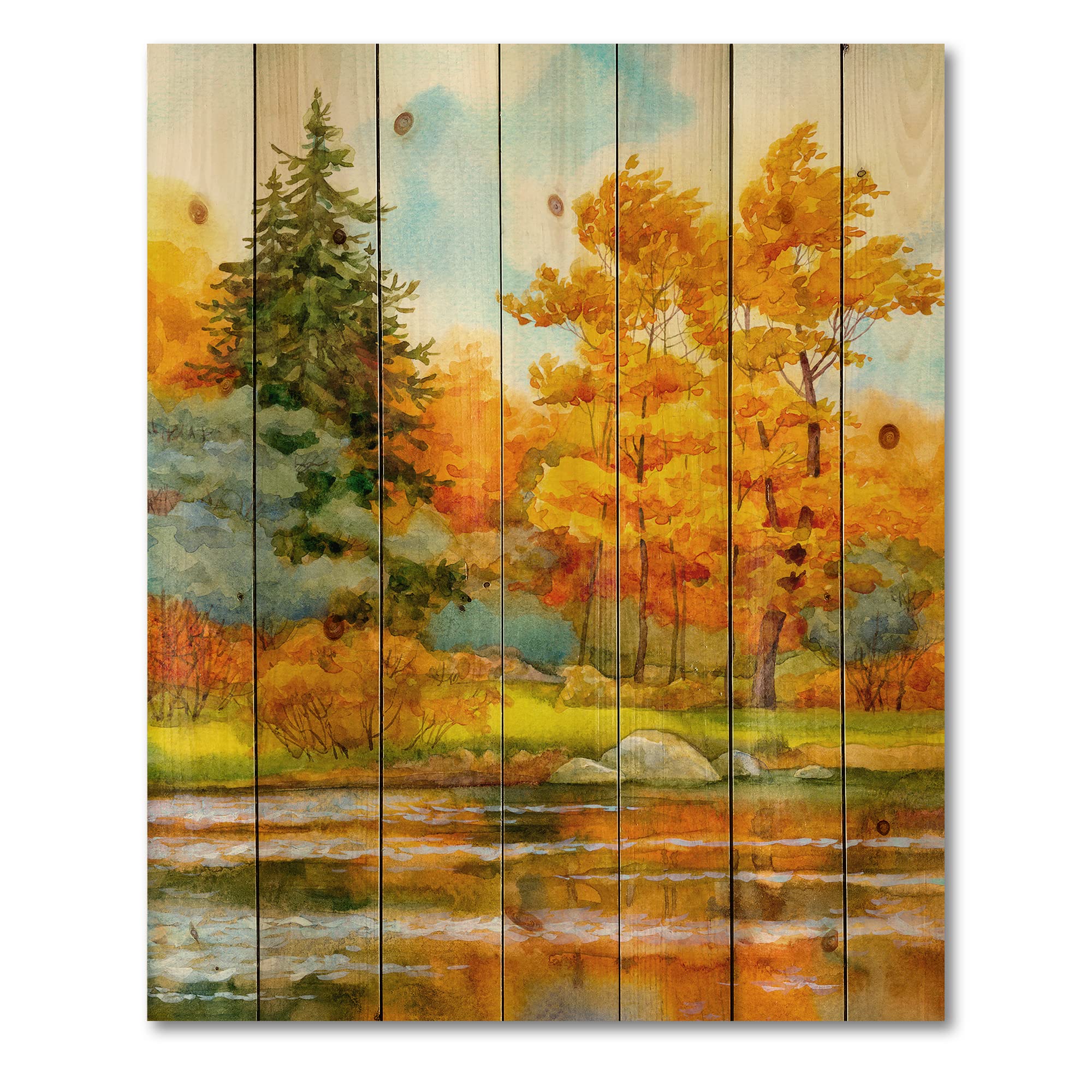 Autumn Forest Lakeside Wood Wall Art - Large Landscape Pine Wood Panel Decor for Lake House, Rustic Cabin & Living Room - Handcrafted Orange Wood Wall Hanging for Home & Office Interior Design