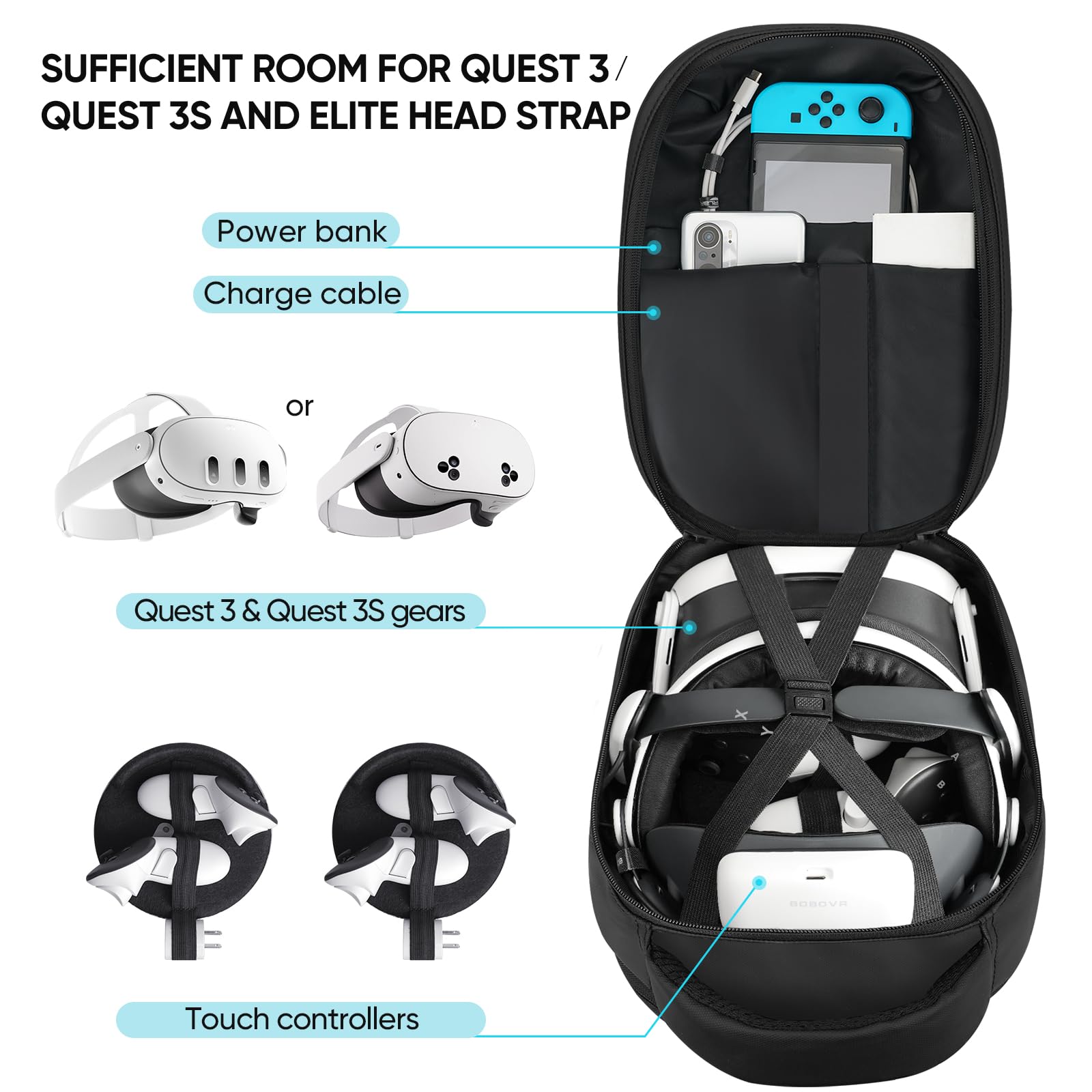 SARLAR Hard Travel Case for Oculus Meta Quest 3S/3/2 VR Headset & Controllers - Protective Storage Bag with Large Space Fits BOBOVR/Kiwi Design Battery Head Straps (Crossbody Sling Bag) - Perfect for Travel, Gaming Events & VR Accessories Organization