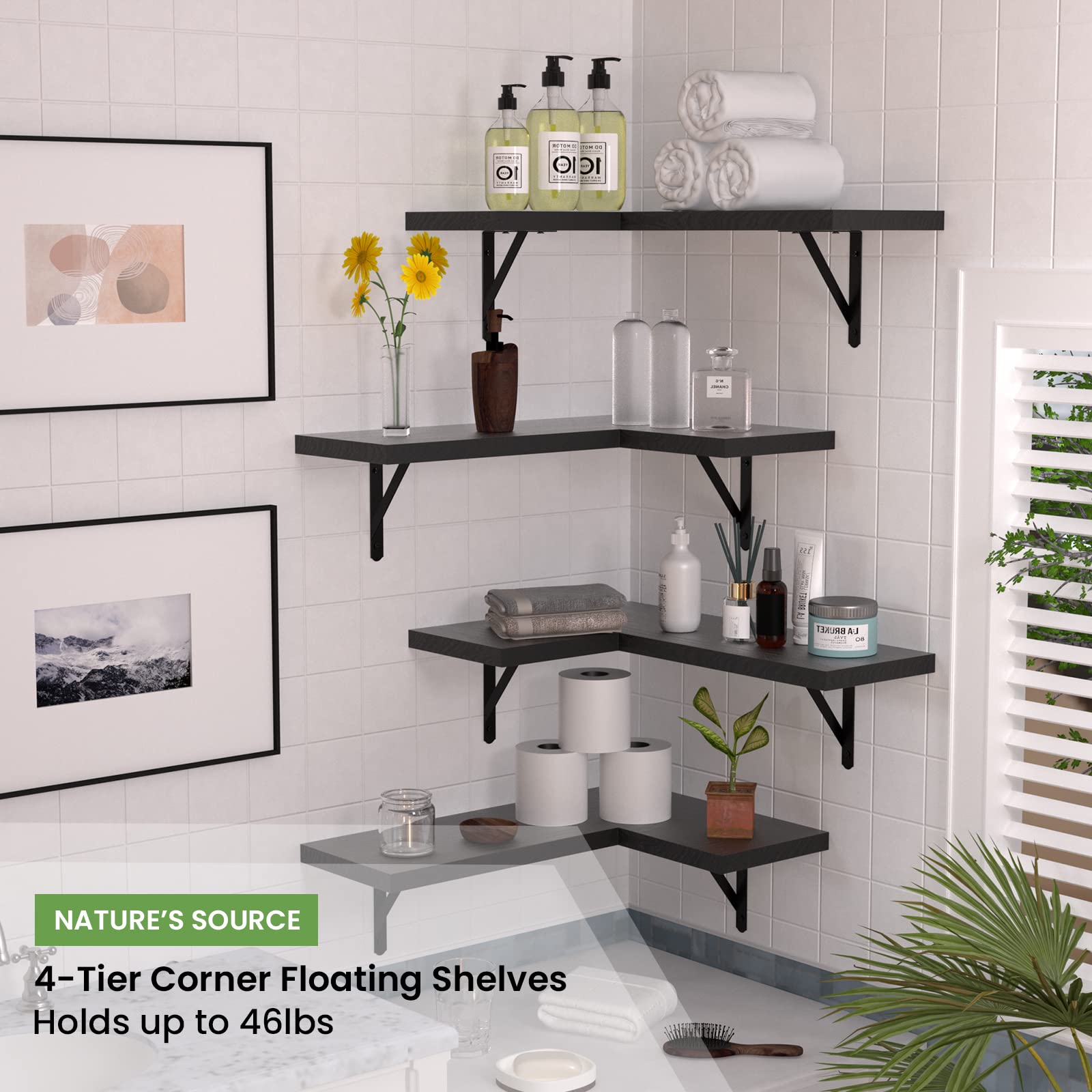 NATURE'S SOURCE Gothic Style Corner Floating Shelves Set of 4 - Wall Mounted Storage for Bedroom, Kitchen, Living Room, Bathroom & Office - Black Wooden Shelves for Home Decor & Organization