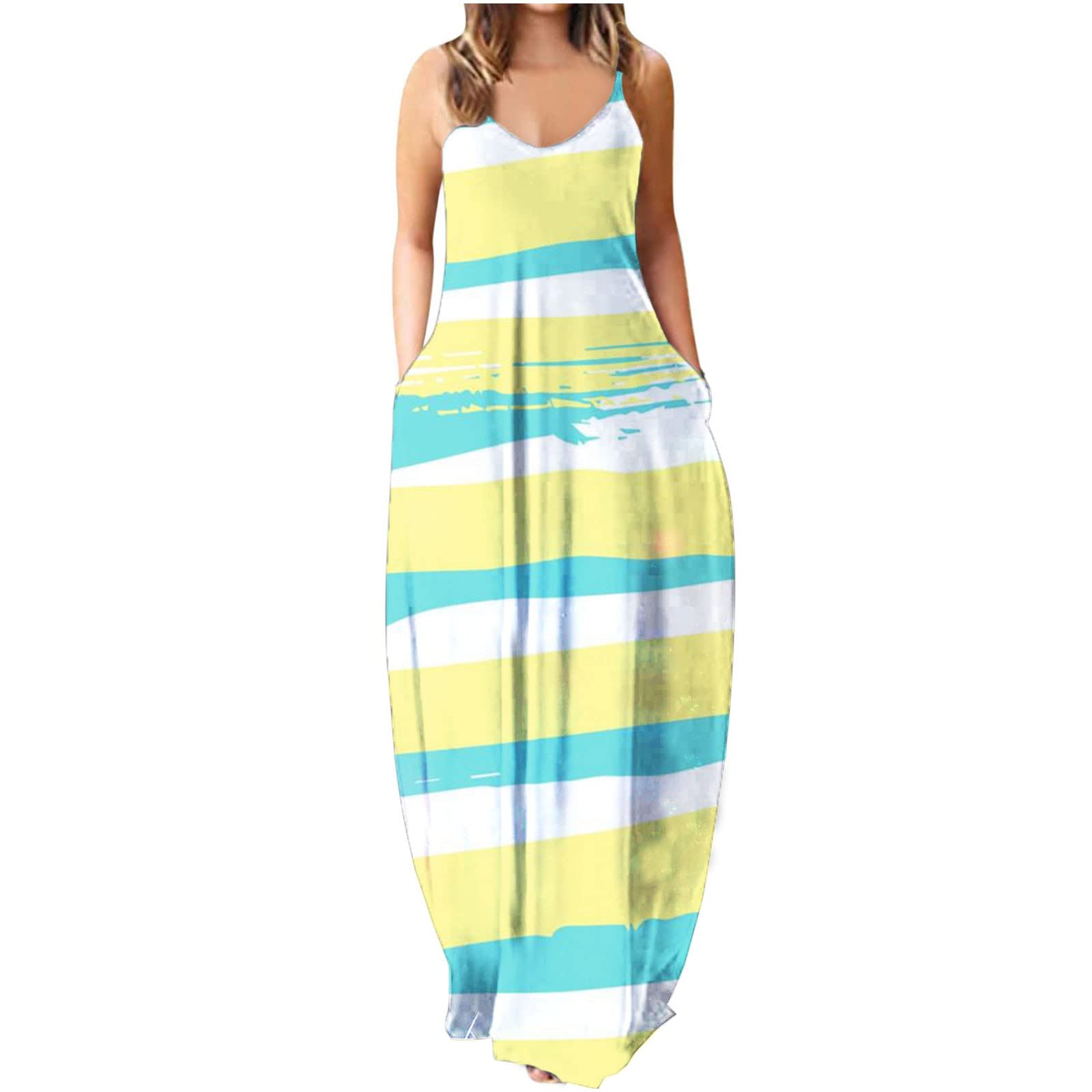 Floral Print Maxi Dress for Women - Sleeveless V-Neck Beach Dress with Pockets, Plus Size Spaghetti Strap Summer Dress | Perfect for Beach Vacations, Pool Parties and Casual Outings