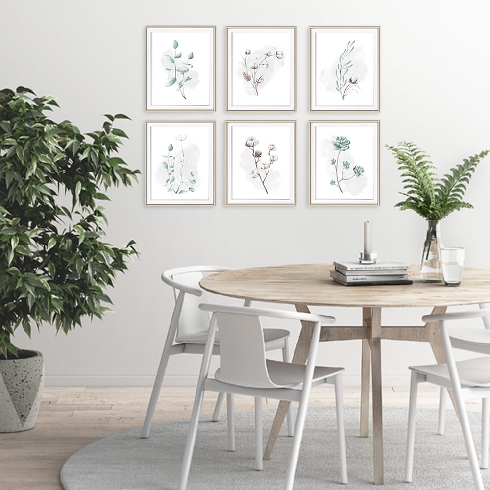 Eucalyptus and Cotton Botanical Prints Wall Art Set of 6 - Unframed 8x10 Inch - Modern Kitchen Wall Decor - Perfect for Farmhouse, Bathroom, and Bedroom Decor - Adds Fresh Greenery Style to Any Space