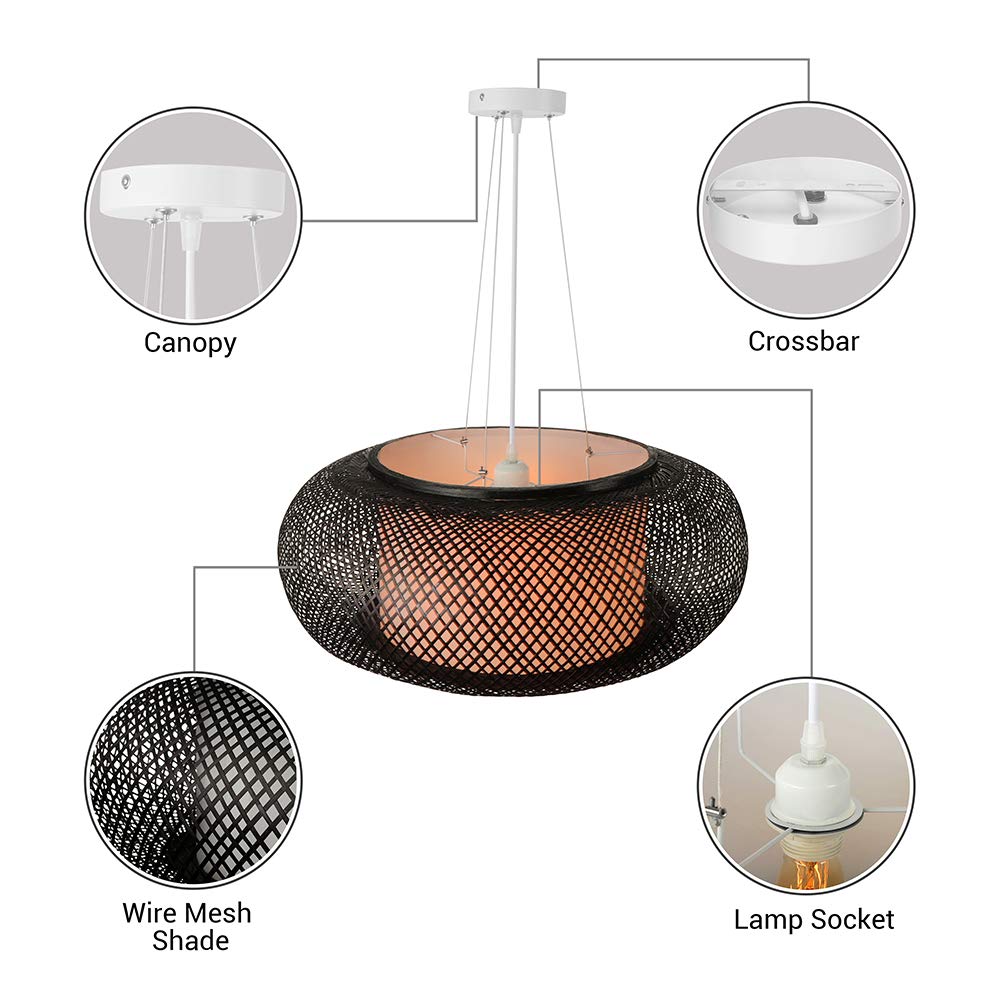 LITFAD Black LED Pendant Light - Modern Woven Hanging Lamp with Adjustable Cord for Dining Room, Restaurant, Bedroom - 23.5