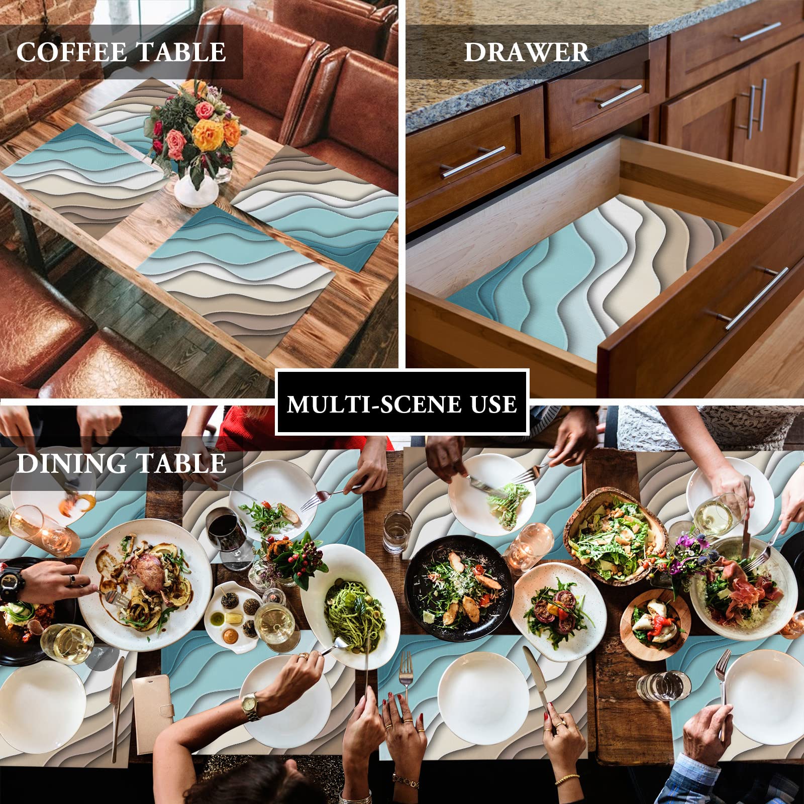 Modern Geometric Placemats Set of 6 - Teal Blue Ombre Abstract Washable Table Mats for Dining Room, Kitchen Decor, Dinner Table, Party & Holiday Gatherings