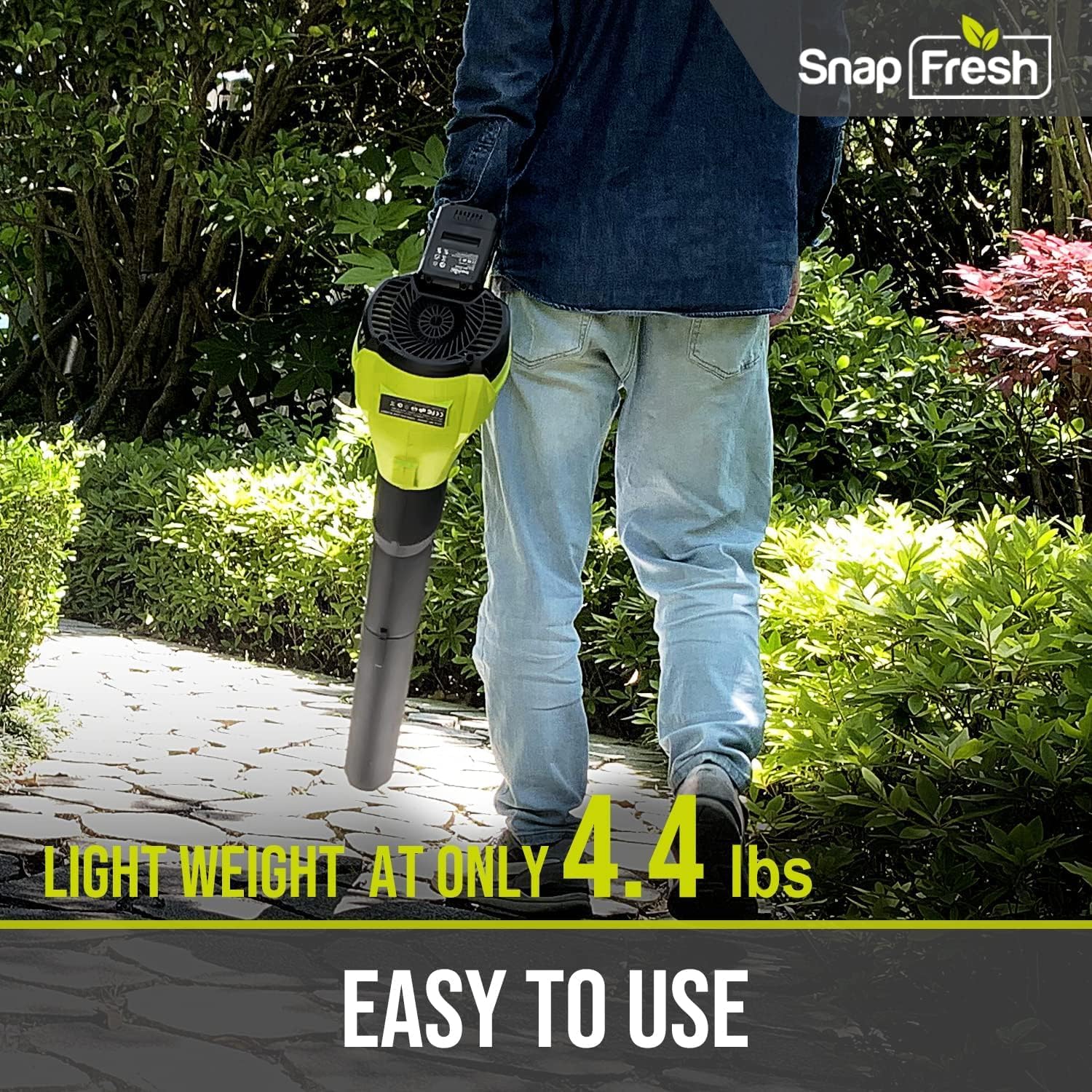 SnapFresh 20V Cordless Leaf Blower - 350 CFM Battery Powered Leaf Blower with 4.0Ah Battery & Fast Charger for Yard, Porch, Garden Cleaning | Lightweight & Powerful for Fall Leaves, Lawn Debris, Driveway Maintenance
