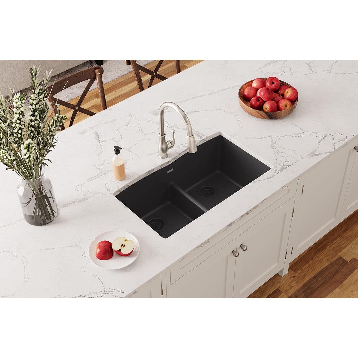 Elkay Quartz Classic ELGDULB3322BK0 Black Equal Double Bowl Undermount Kitchen Sink - Durable & Stylish for Modern Home Cooking & Dishwashing