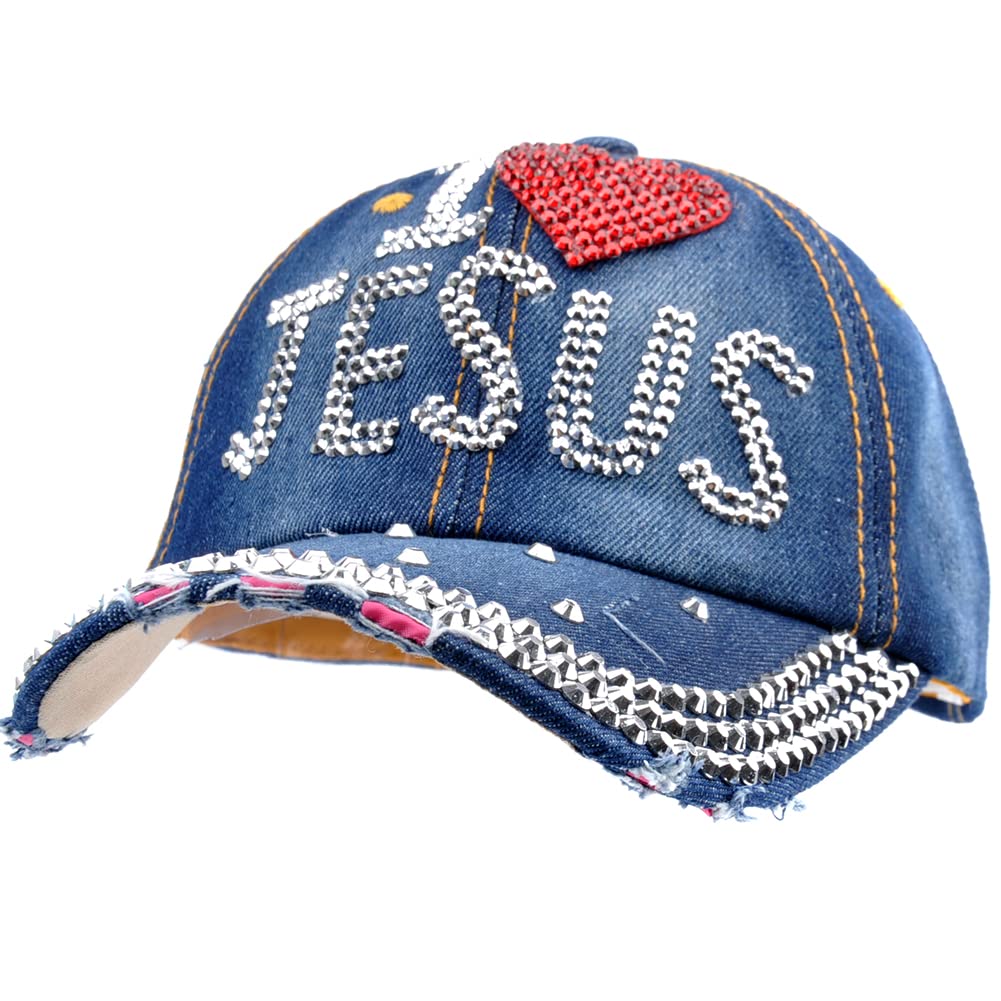 Sparkling Rhinestone Hats for Women - I Love Jesus Embroidered Baseball Cap, Adjustable Denim Golf Hat with Distressed Jeans Wash Design | Perfect for Church, Bible Study & Casual Outings