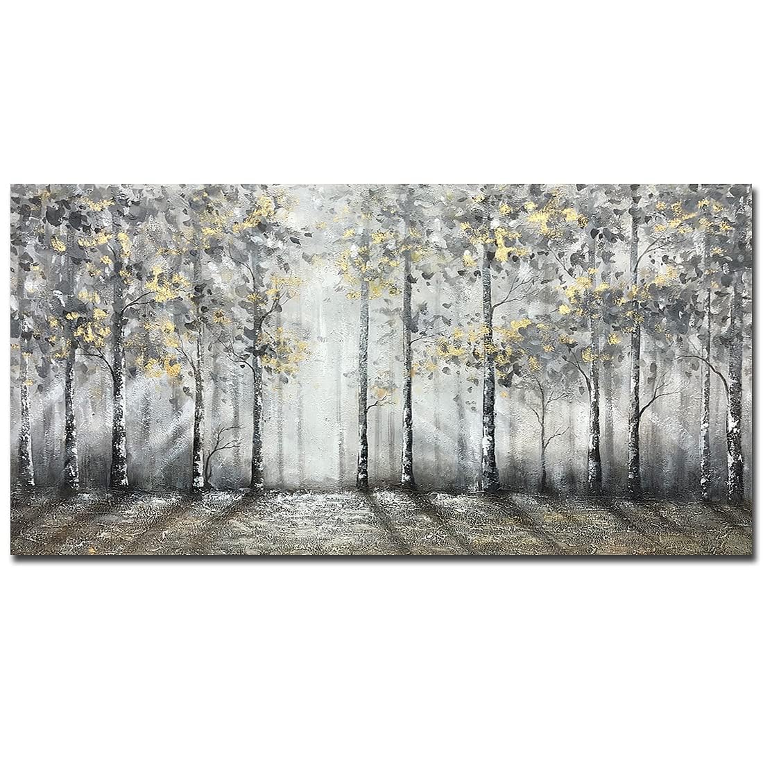 V-inspire Art - 24x48 Inch Hand-Painted Modern Impressionist Tree Oil Painting on Canvas | Large Gray Wall Decor for Living Room, Bedroom & Office | Acrylic Knife Painting Technique
