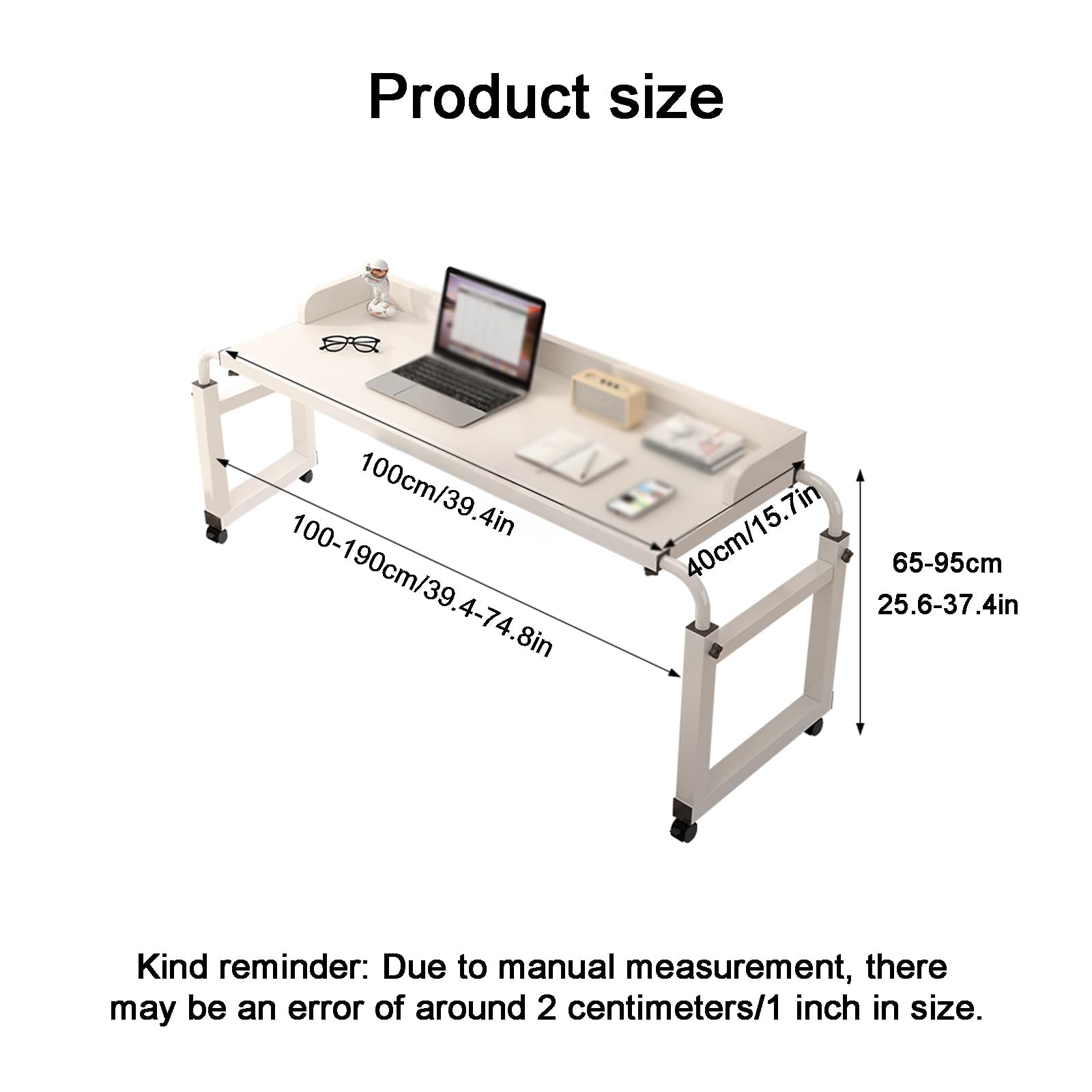 Adjustable Height Overbed Table with Wheels - Mobile Cross-Bed Desk for King Size Beds (Black, 100cm/39.4in) - Perfect for Laptop Use, Breakfast in Bed, and Hospital Recovery