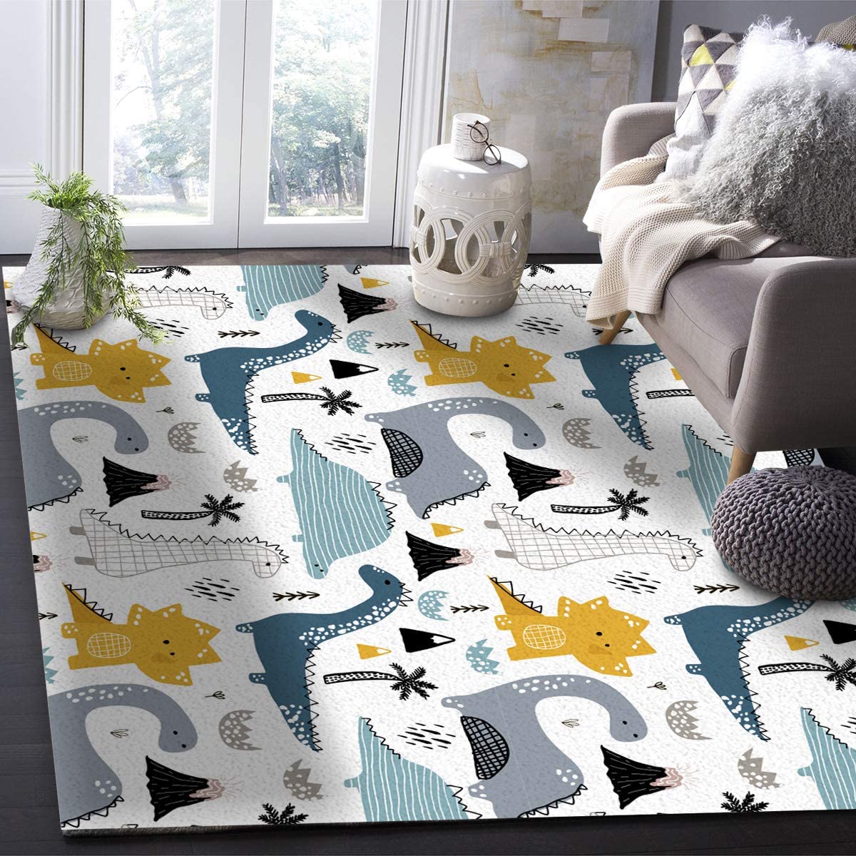 Adorable Cartoon Dinosaur Area Rug - Soft Washable Non-Slip Kids Rug for Bedroom, Living Room & Nursery - 6x4ft Dino Themed Play Mat - Perfect for Boys/Girls Rooms, Play Areas & Home Decor