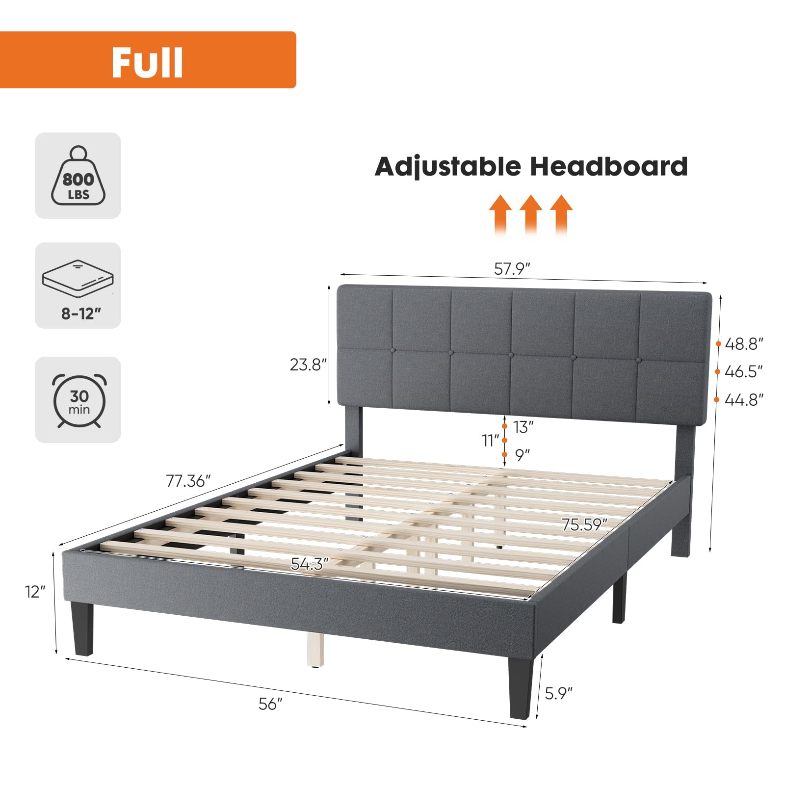 Sweetcrispy Full Size Platform Bed Frame with Upholstered Headboard - No Box Spring Needed, Sturdy Wood Slat Support, Noise-Free Design for Quiet Sleep - Soft Grey Linen Fabric - Perfect for Master Bedroom, Guest Room or Small Space