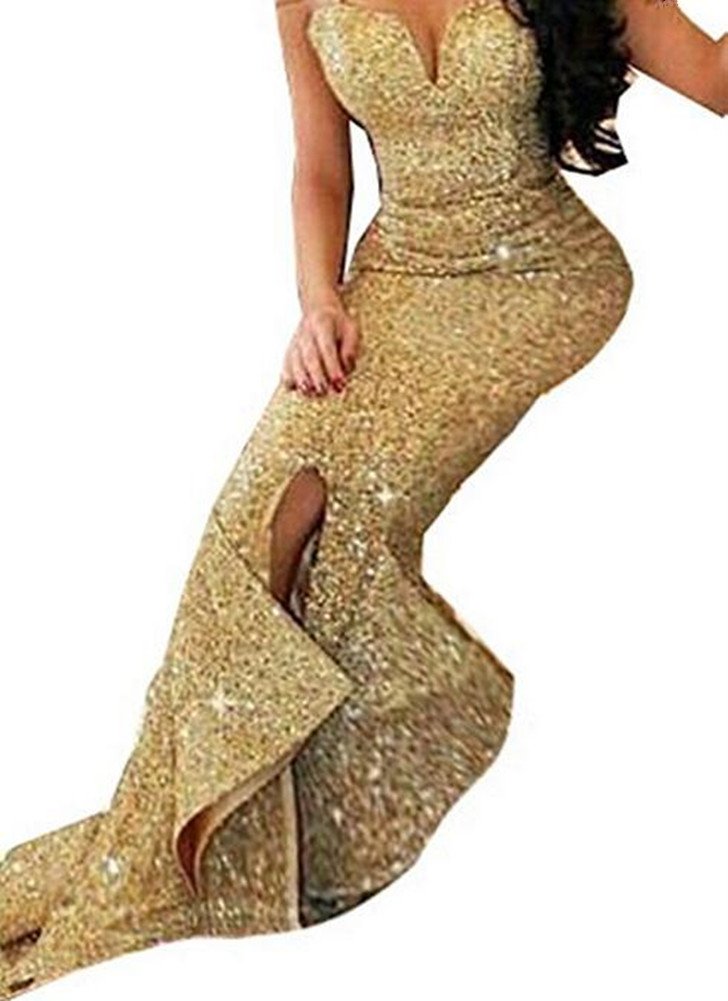 Golden Sequin Sweetheart Neckline Mermaid Prom Dress for Women - Perfect for Homecoming, Pageants & Formal Events