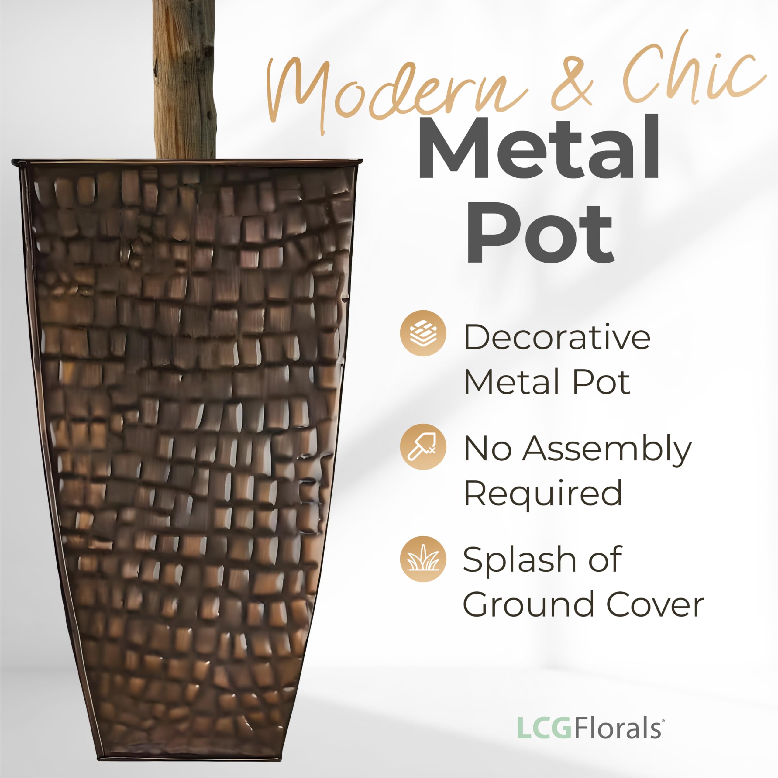 LCG Florals - 8FT Artificial Ficus Tree with Real-Wood Trunk in Copper Metal Pot - Indoor Outdoor Faux Plant for Home, Office, Patio Decor - Perfect for Living Room, Bedroom, Garden & Commercial Spaces