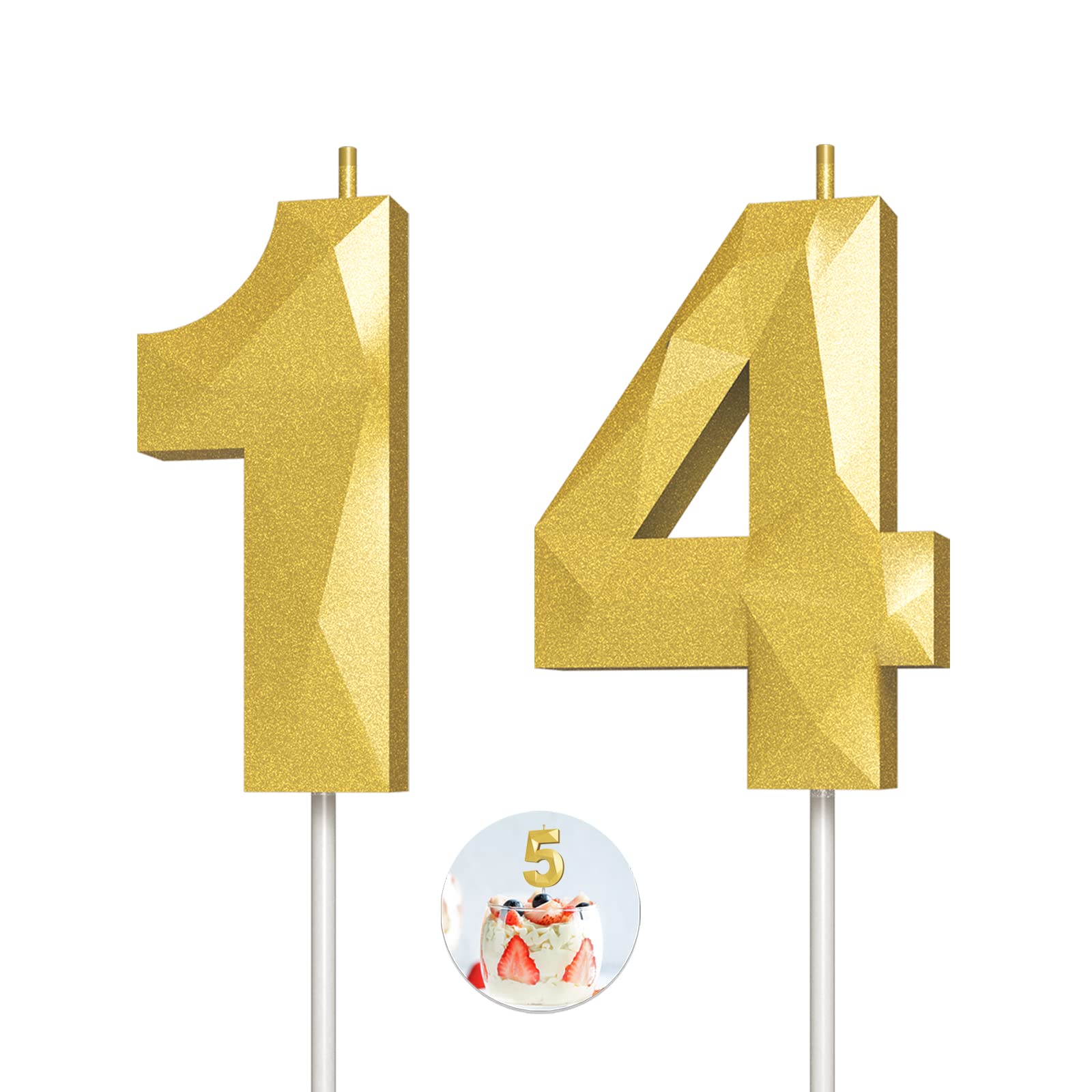 3D Diamond Shape Gold Number 14 Birthday Candles - Happy Birthday Cake Decorations for Parties, Weddings, Reunions & Theme Celebrations | Perfect for Cake Toppers & Special Occasions