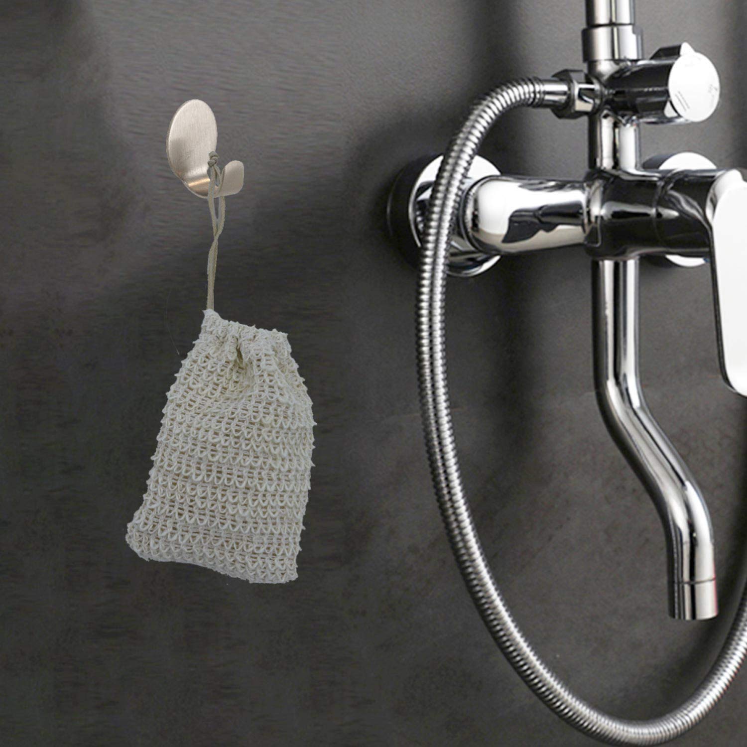 2 Pack Natural Exfoliating Soap Saver Bags with Drawstring & Wooden Bead Holder - Loofah Pouch for Shower & Bathroom - Perfect for Gentle Skin Exfoliation & Soap Storage