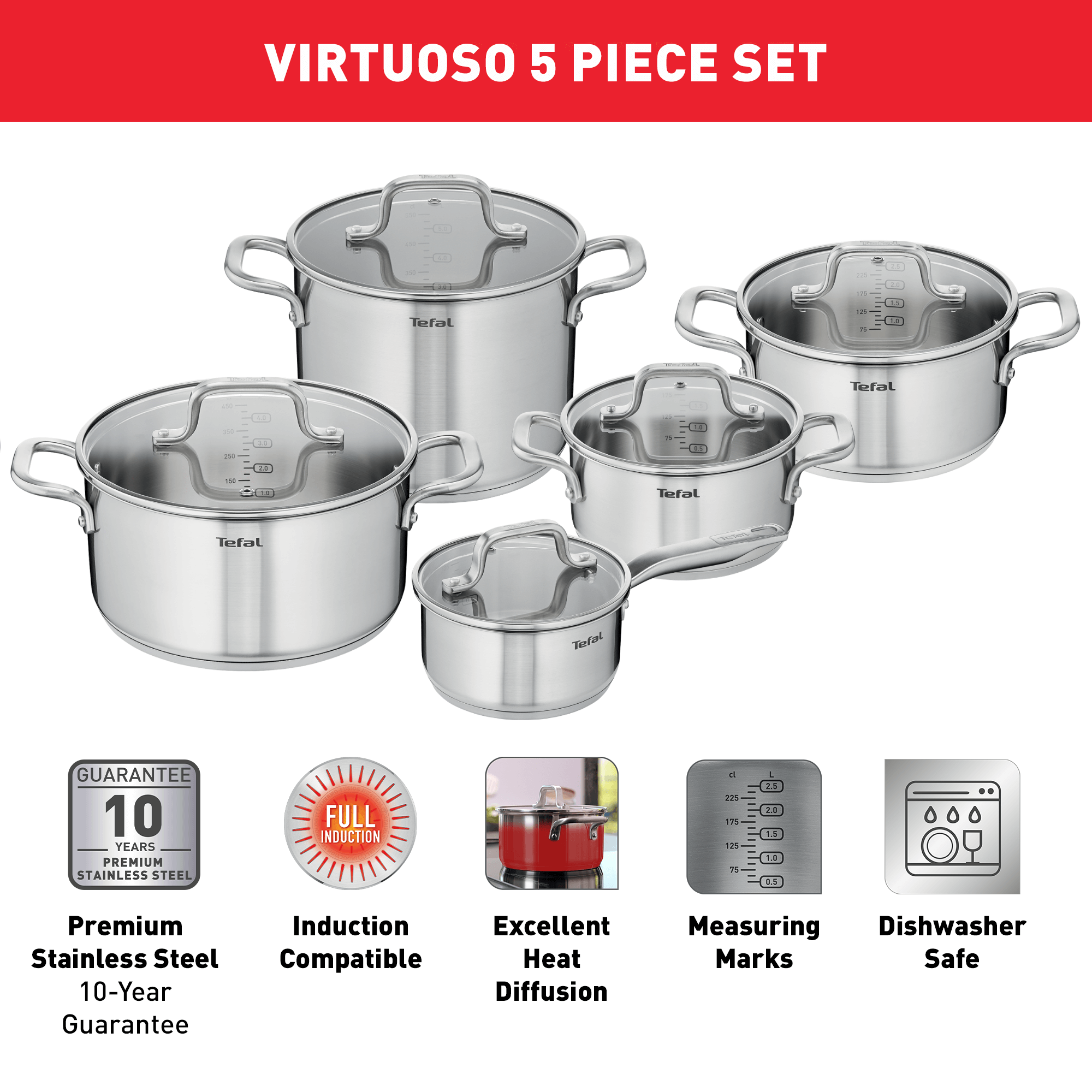 Tefal Virtuoso 5-Piece Induction Stainless Steel Cookware Set - Uncoated Pots & Pans for Gas, Electric & Induction Stoves - Perfect for Boiling, Frying & Everyday Cooking